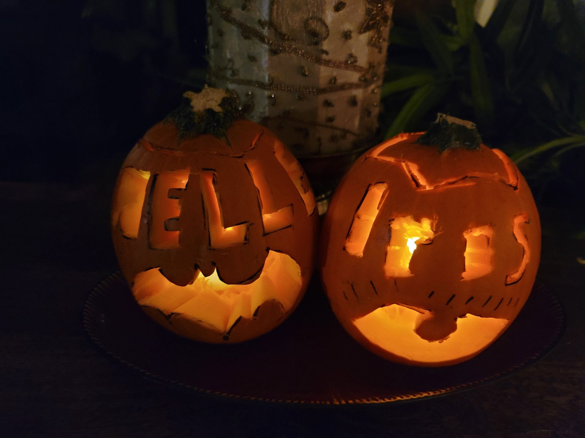 Two pumpkins with the names "Nelle" and "Iris" carved in them