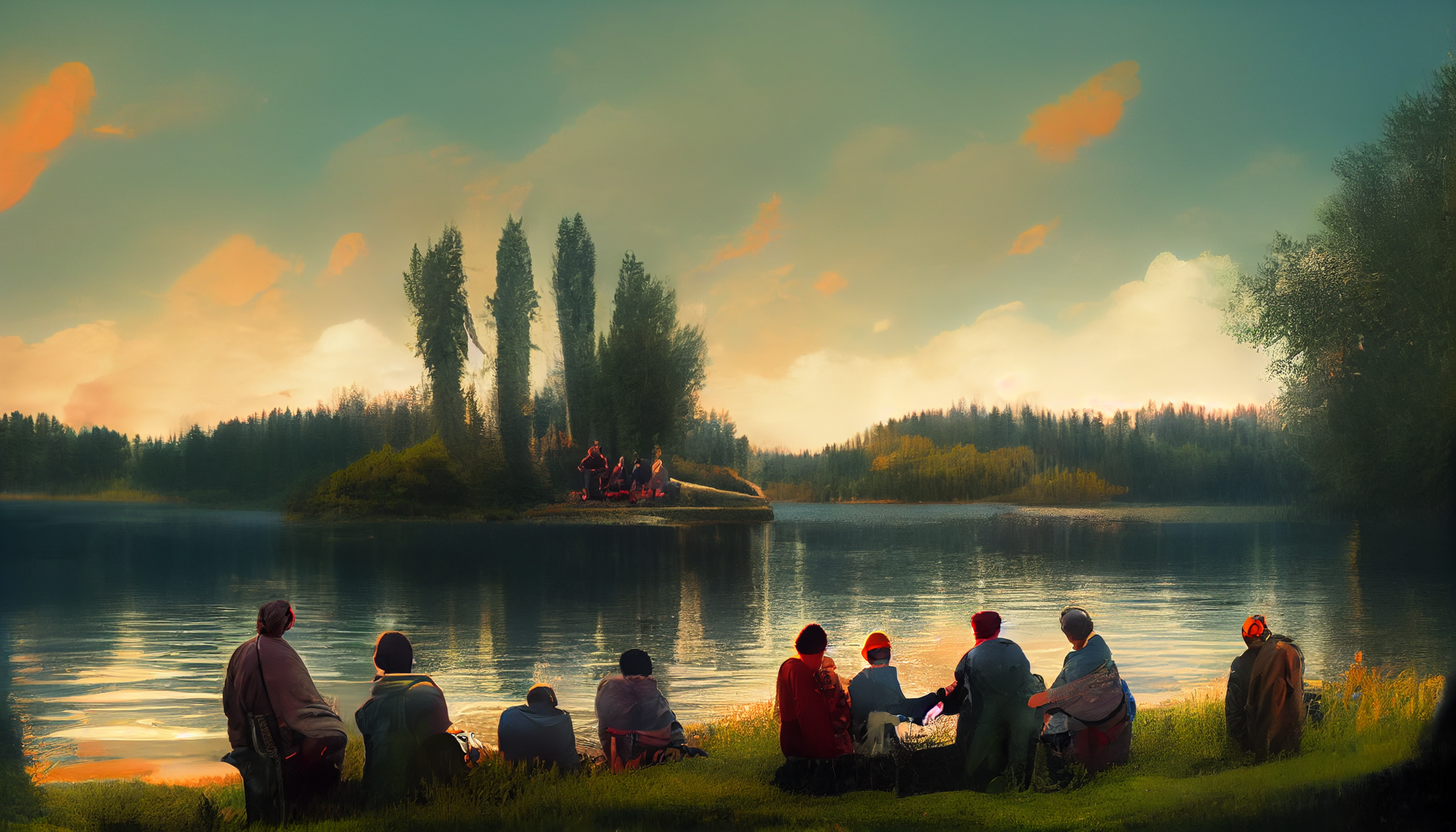 A group of people gathered by the lake with trees in the background.