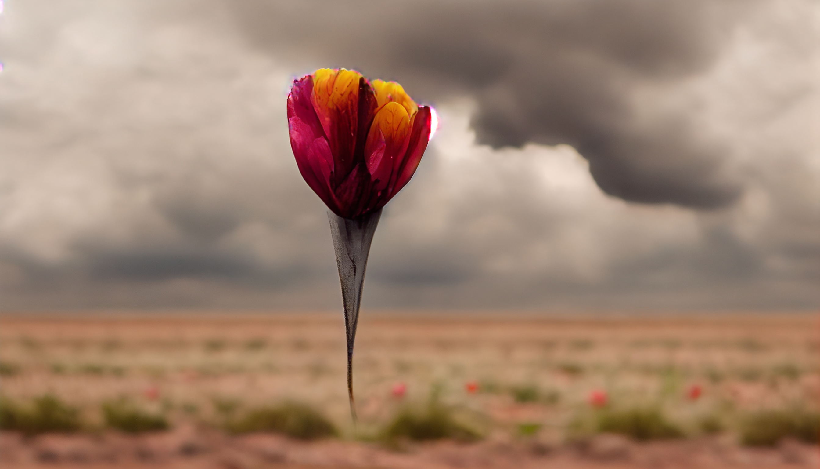 a single lonely tulip growing from dry dirt with clouds in the background