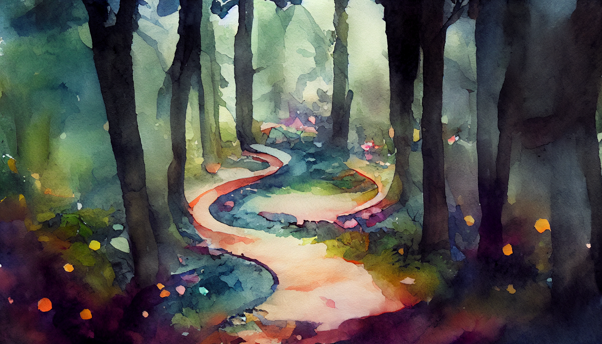 watercolor of a winding path through a deep magical forest