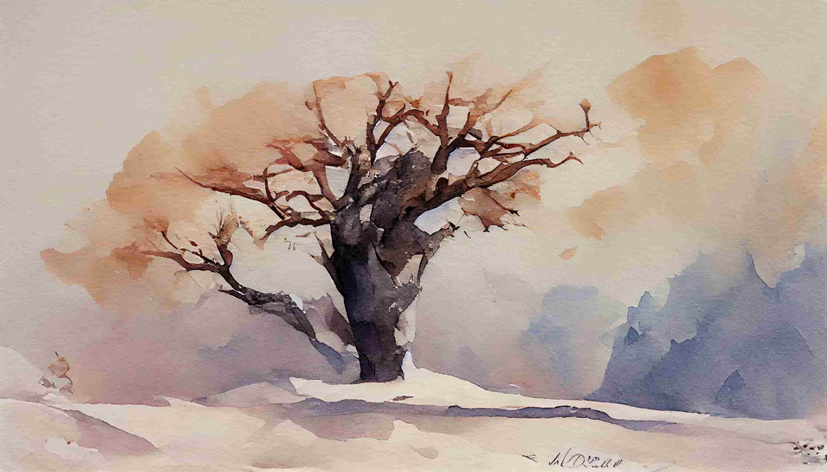 watercolor a barren tree on a snowy day 