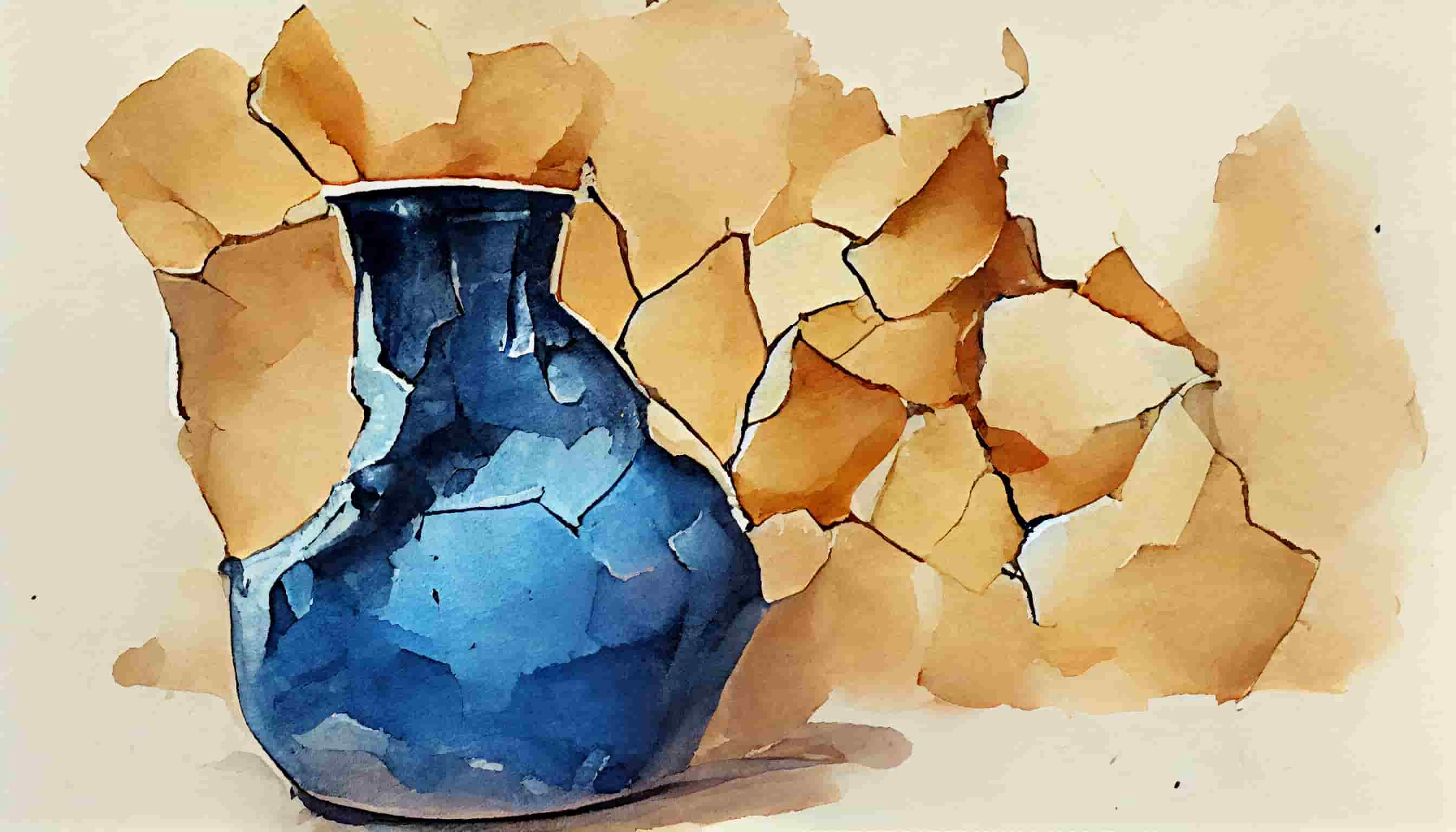watercolor a blue vase with lots of cracks and chips