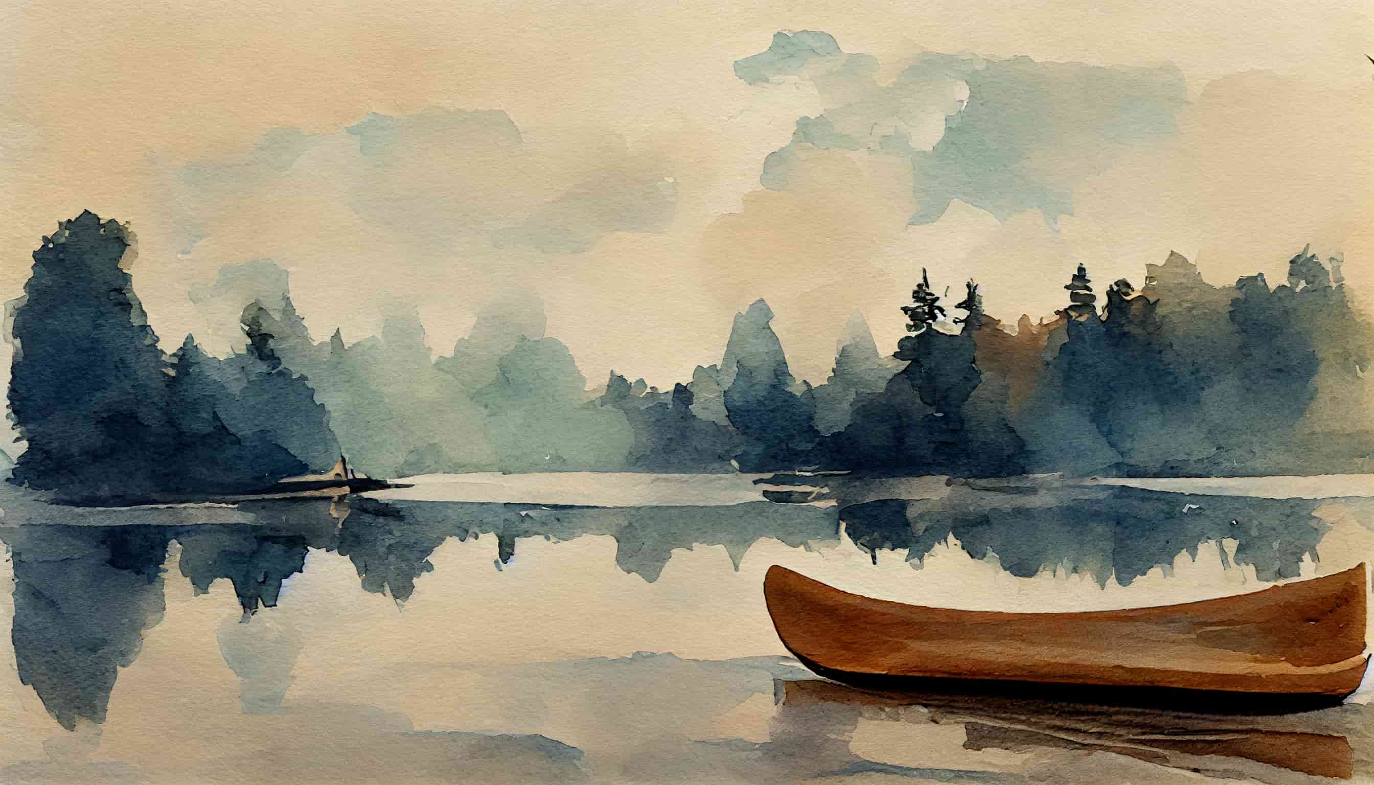 watercolor a canoe on a calm lake