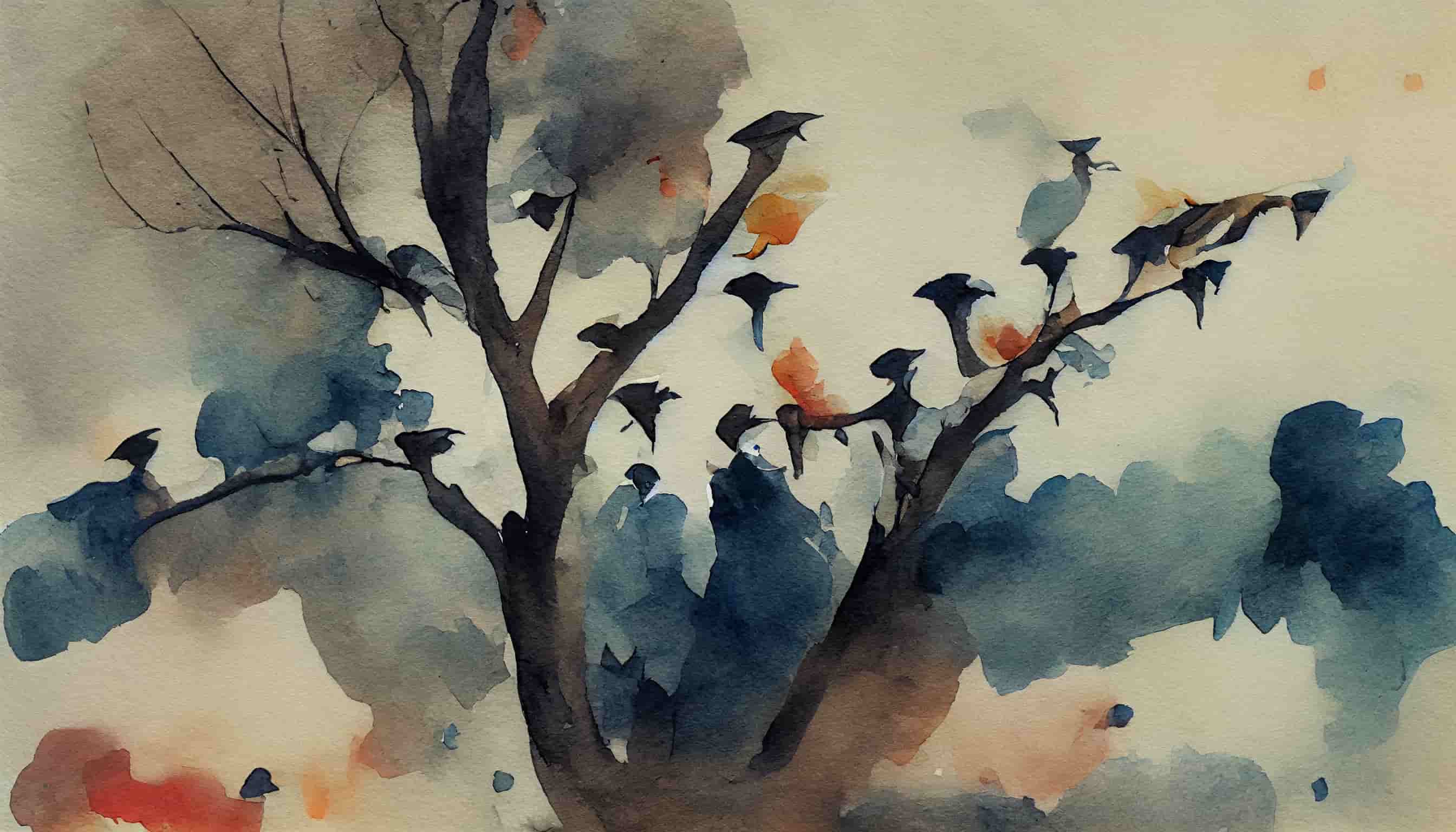 watercolor of a sad community of birds sitting on a tree with some flying away