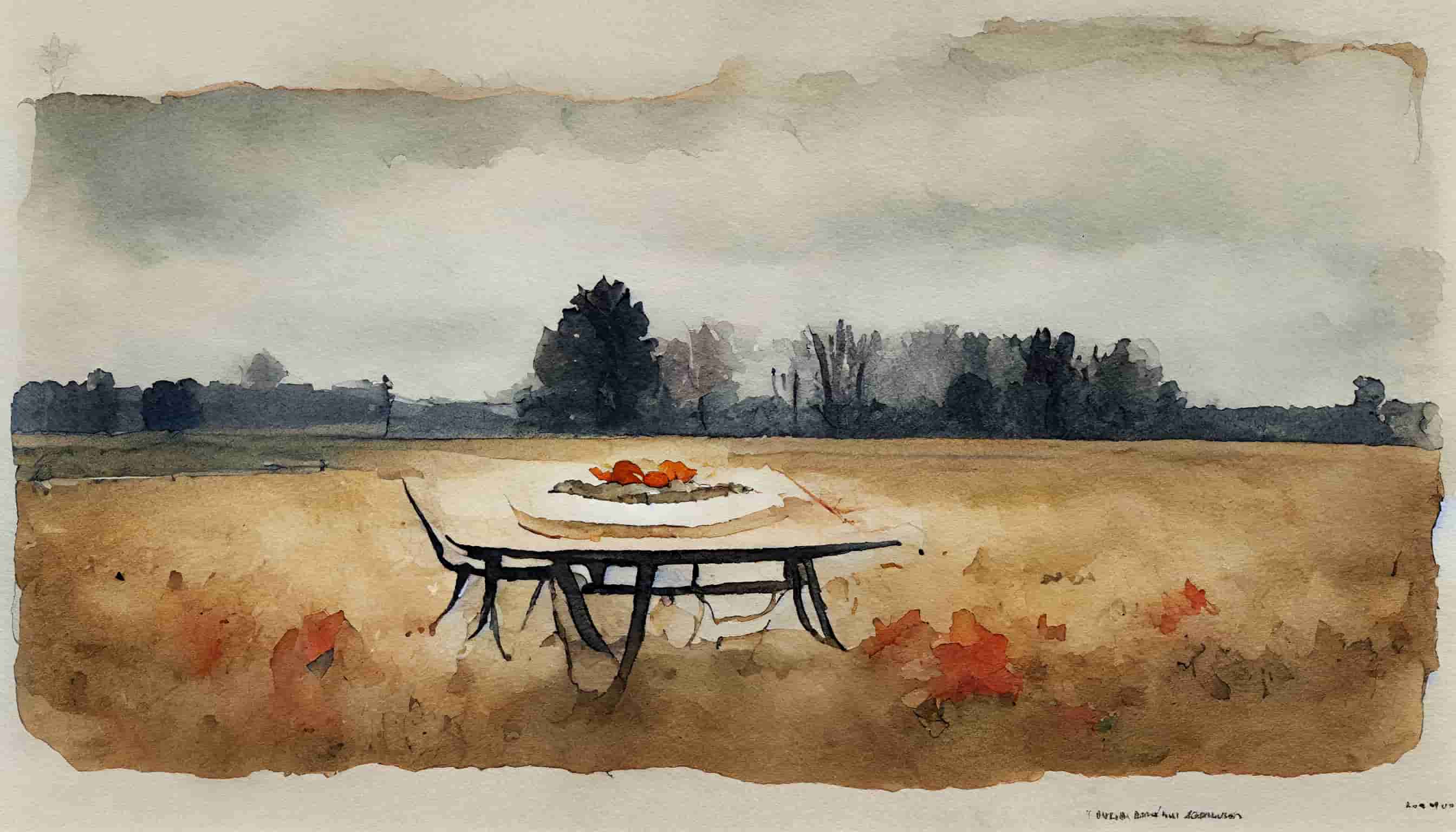 watercolor a sad empty thanksgiving table alone in a field on a cloudy day