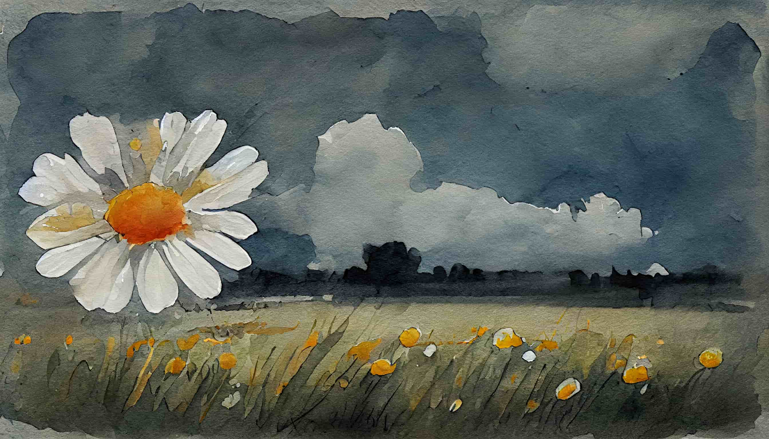watercolor a single daisy in a field with gray clouds in the background