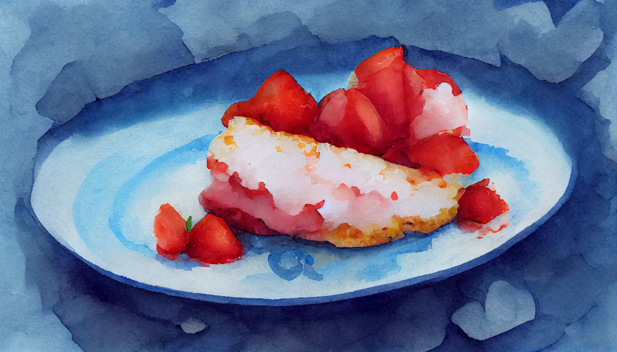 watercolor a slice of strawberry shortcake on a blue plate