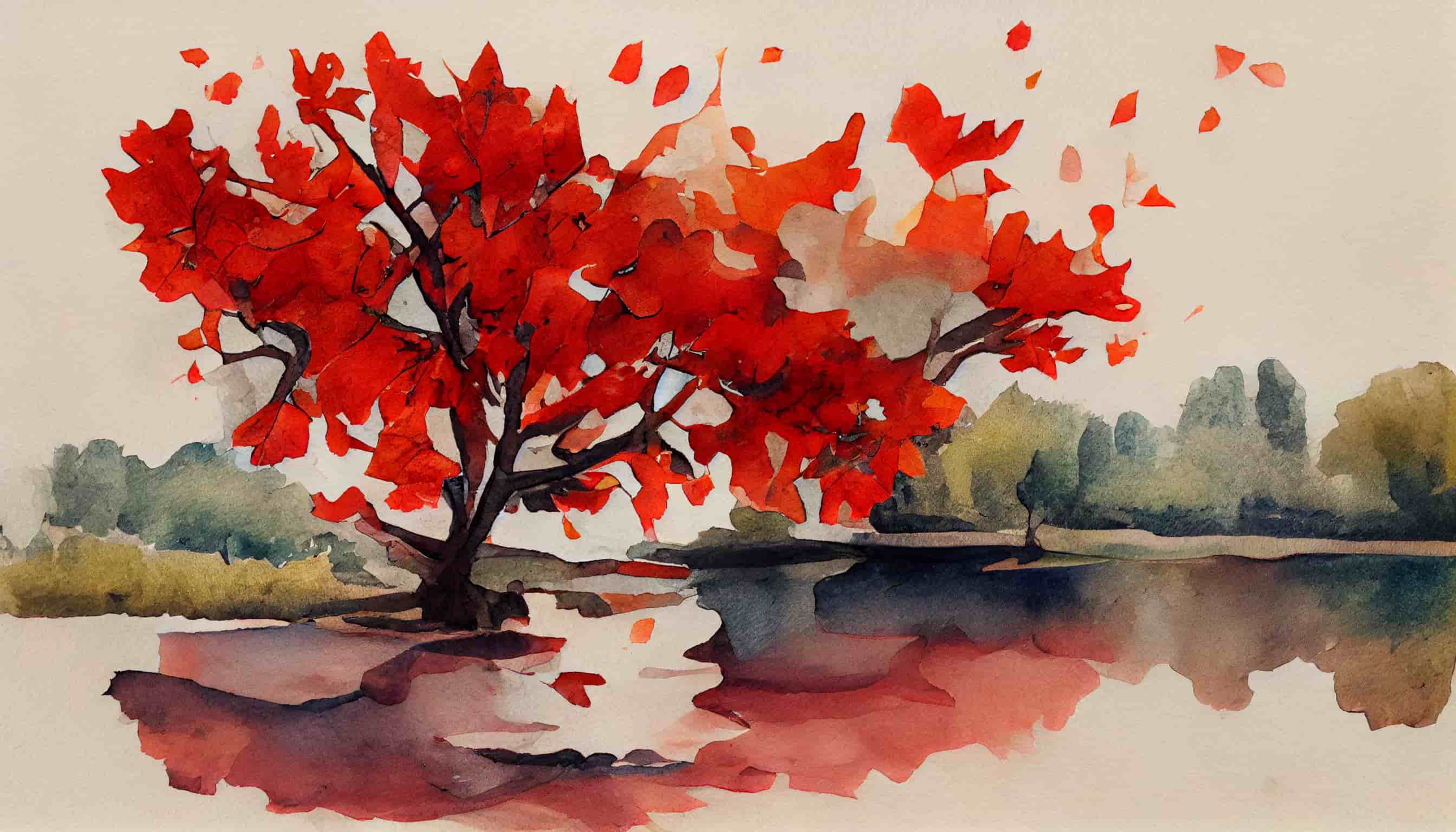 watercolor a tree with red fall leaves near a calm pond