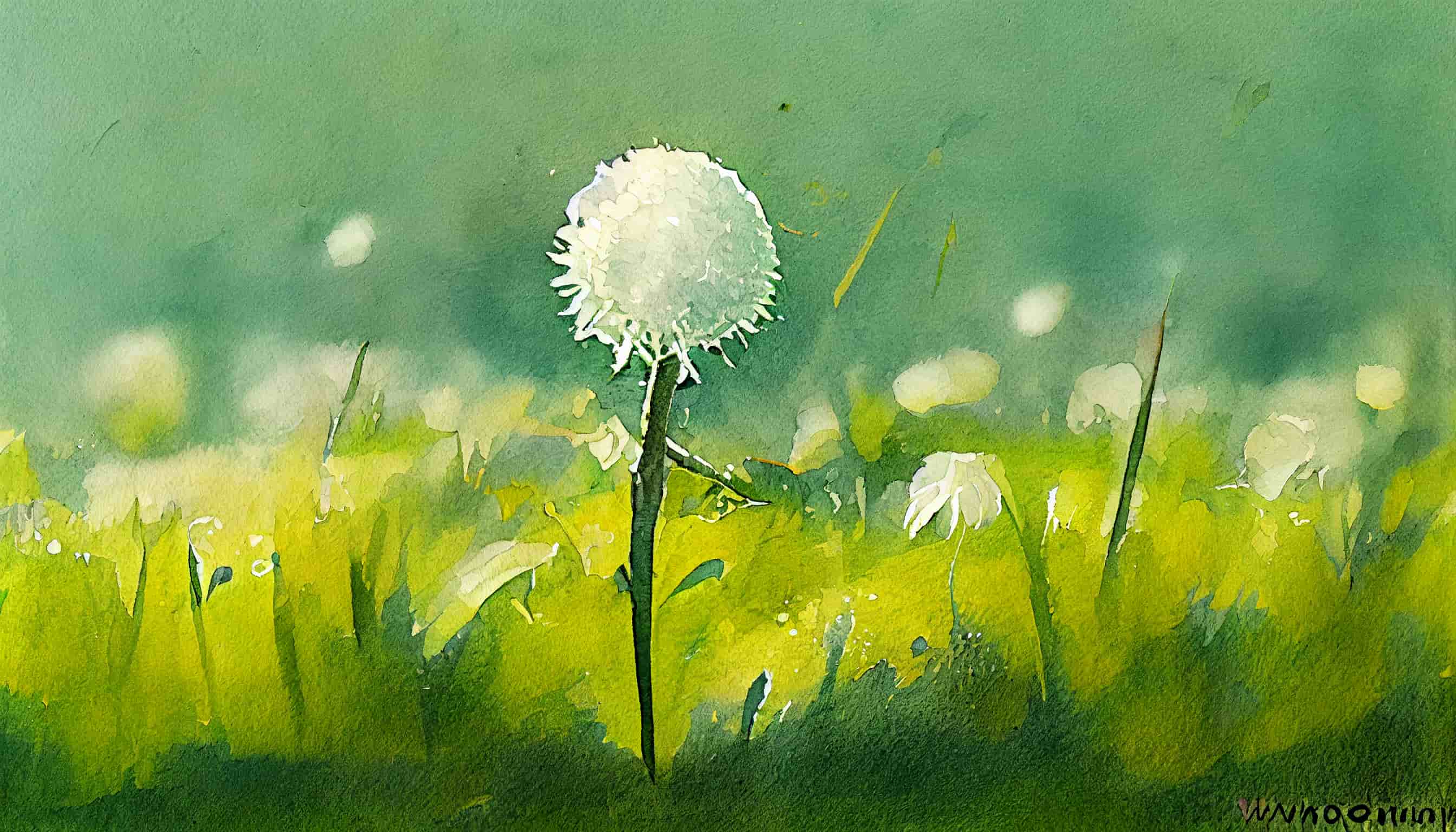 watercolor a white dandelion in a green field