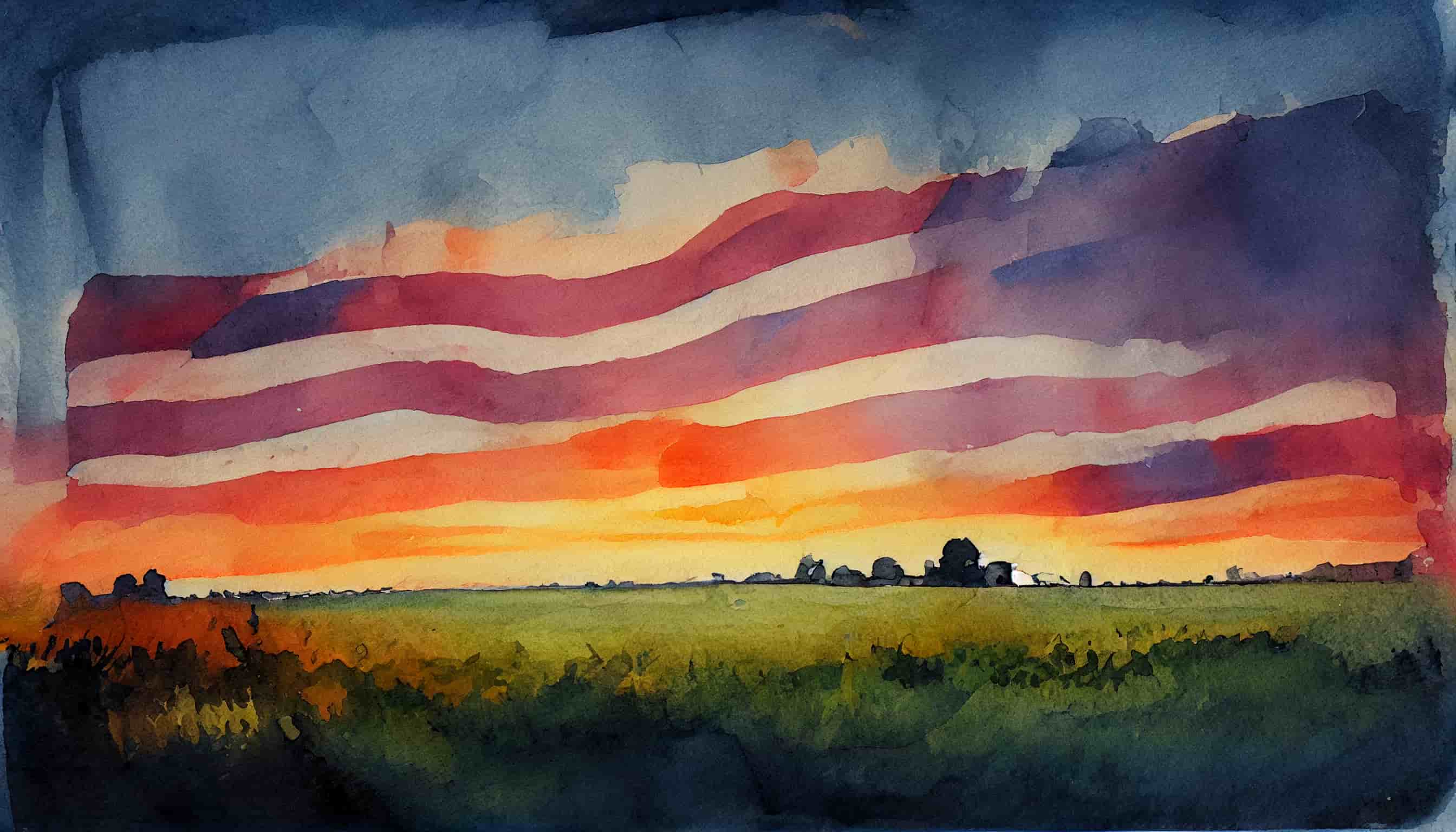 watercolor an american flag in a field with a sunrise in the background