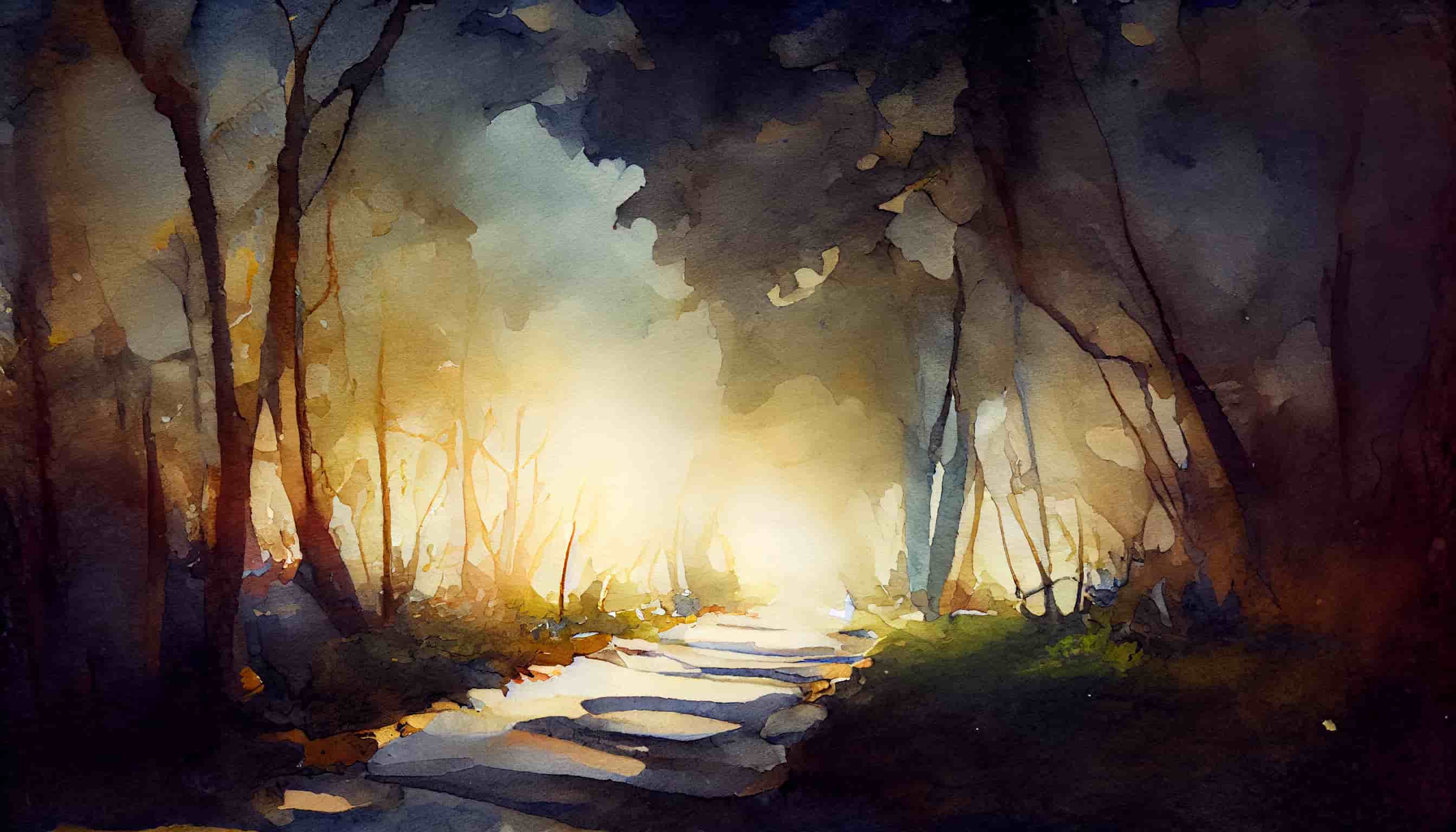 watercolor light at the end of a dark path