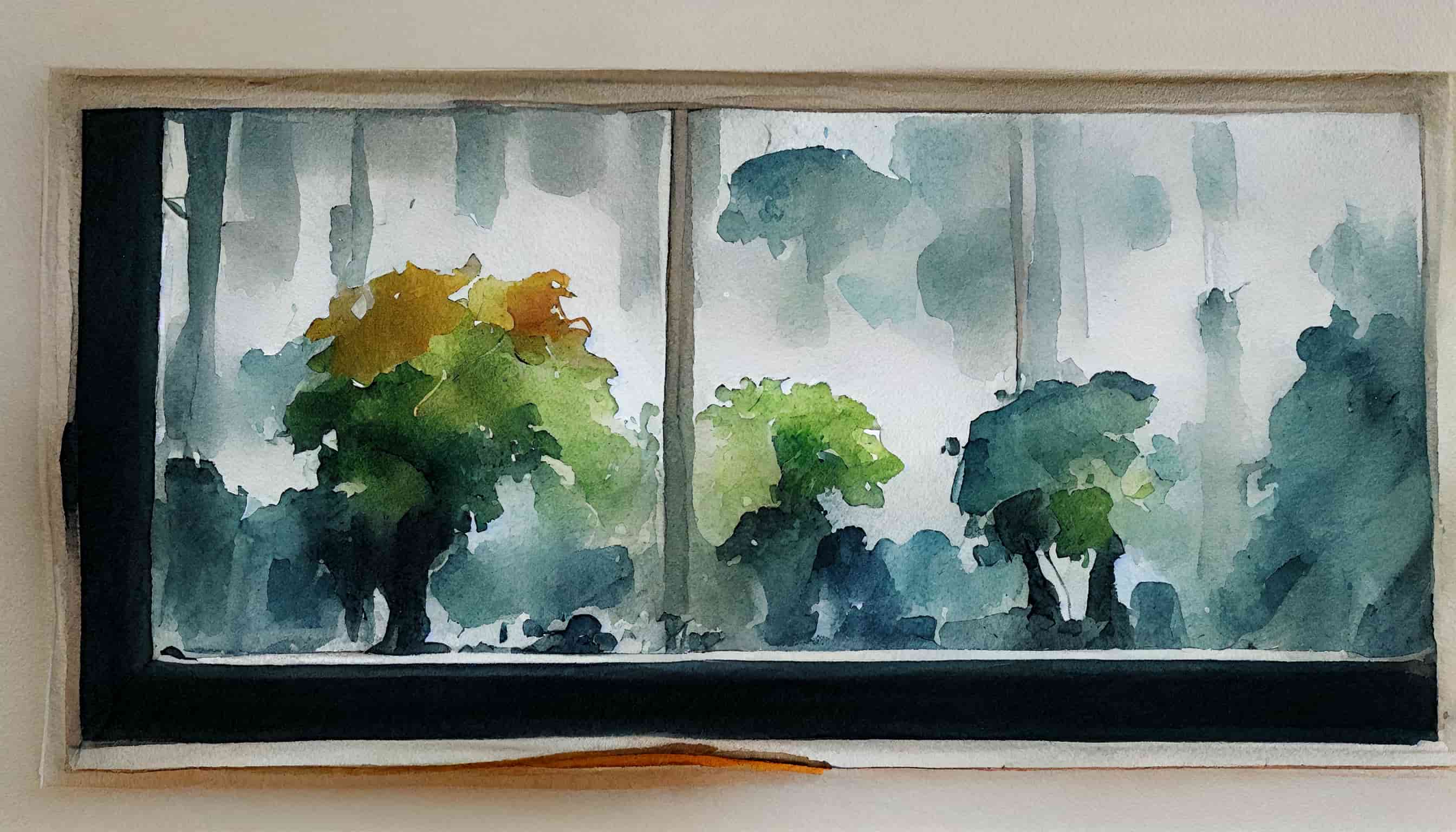 watercolor looking out a window at trees on a rainy day