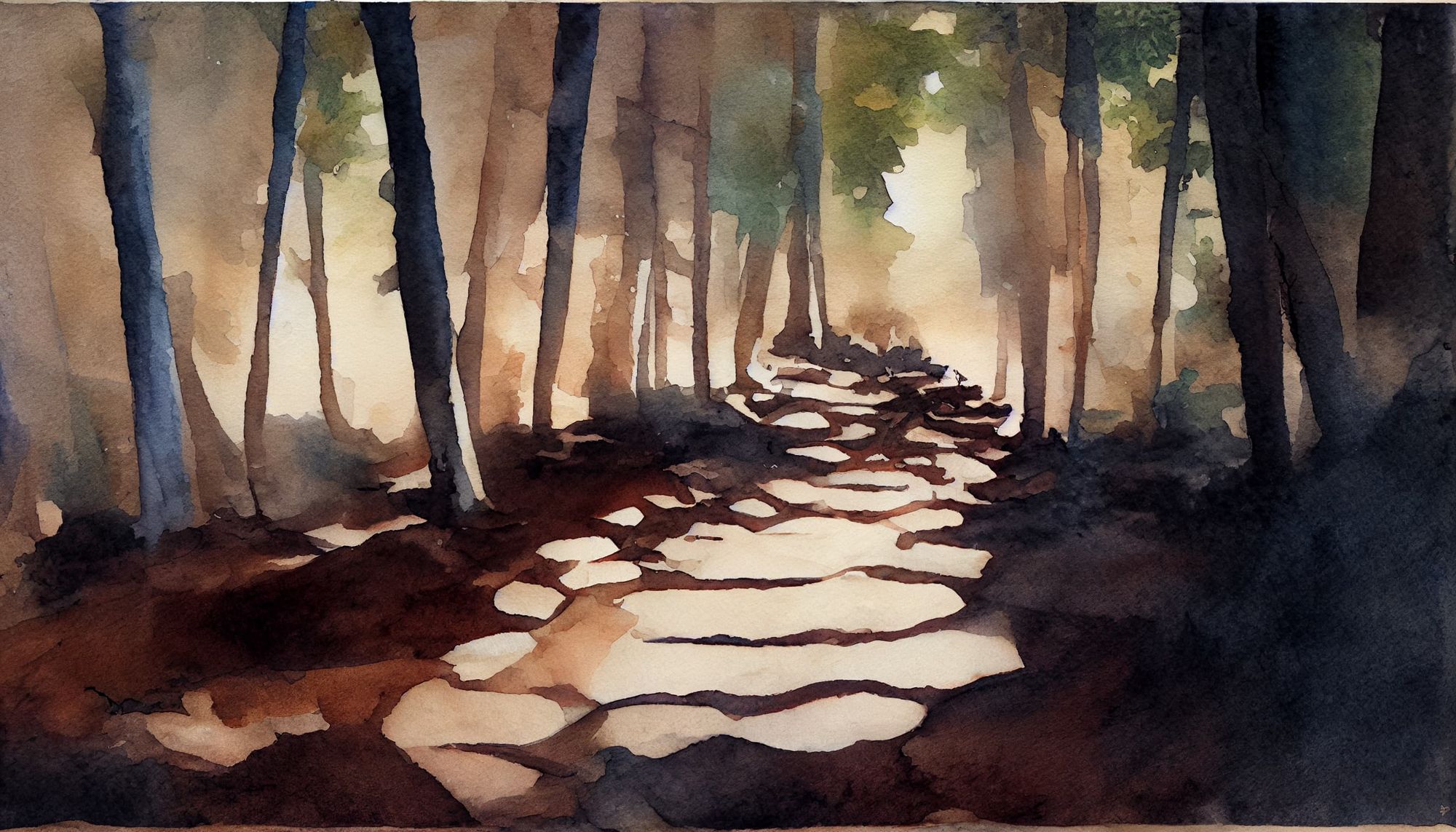 watercolor of a dirt path going through a forest full of shadows