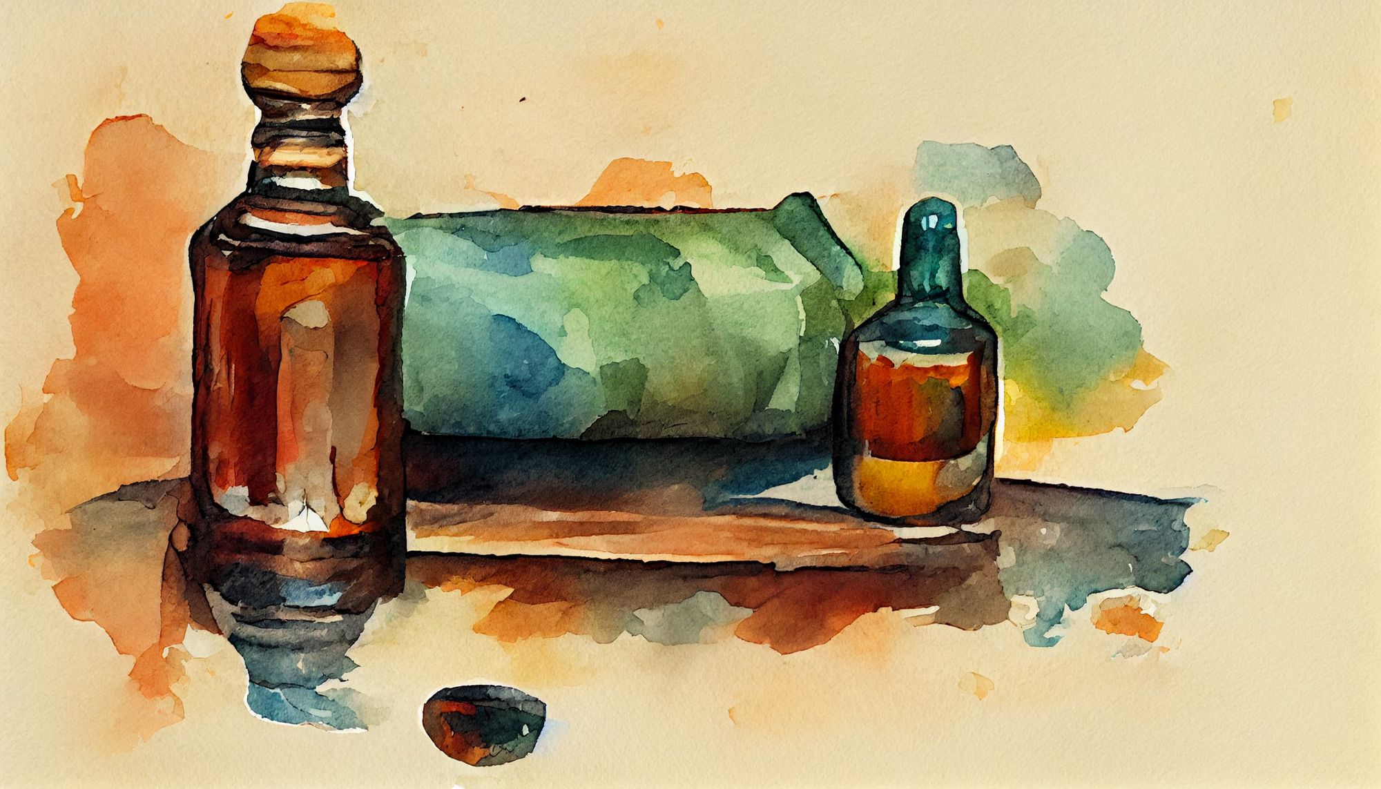 watercolor of a bottle of medicine sitting on a table