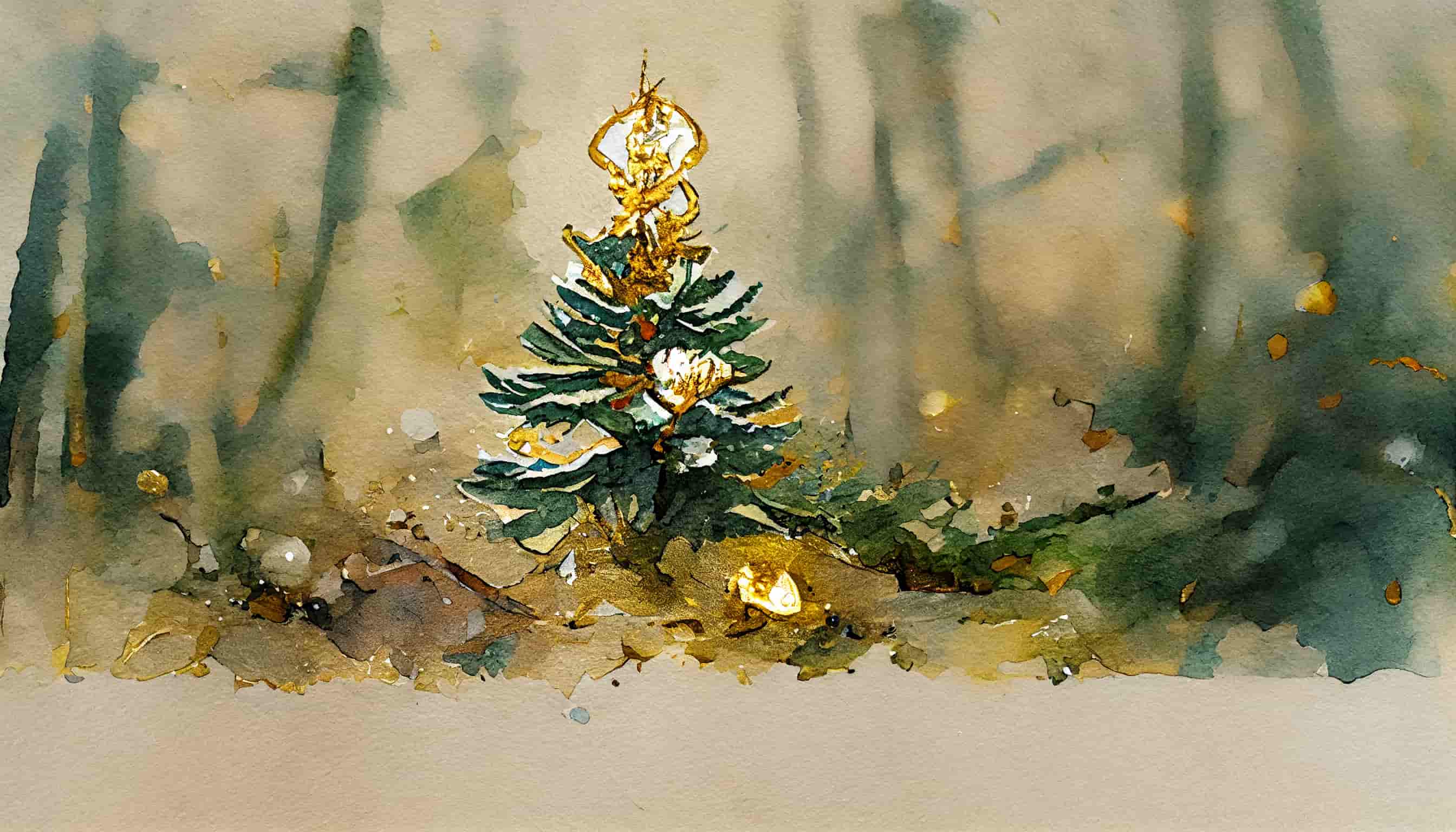watercolor a single small christmas tree decorated with gold and white ornaments in the middle of a clearing in a forest