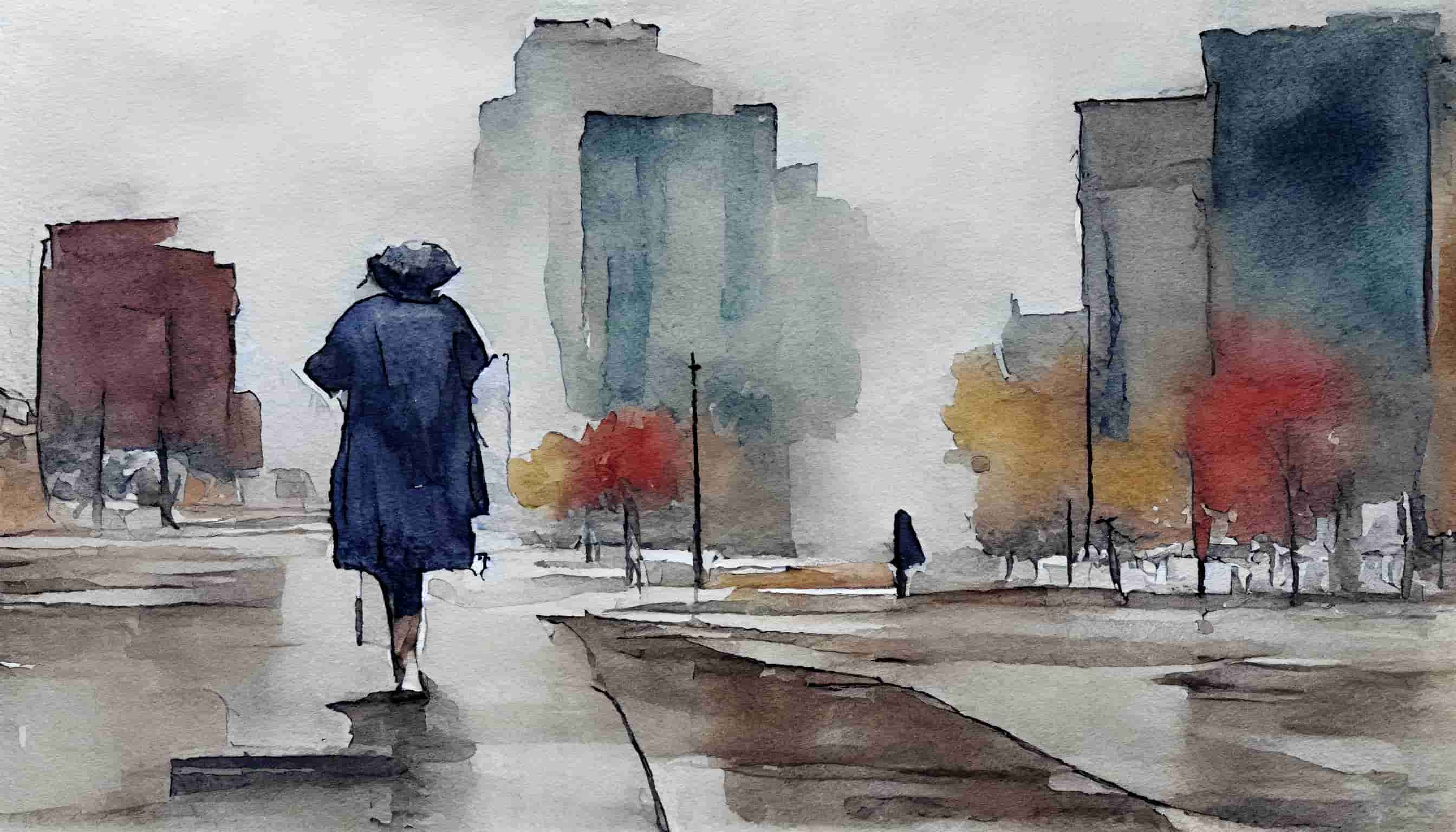 watercolor a woman walking alone on a city sidewalk on a chilly gray day with a slight rain