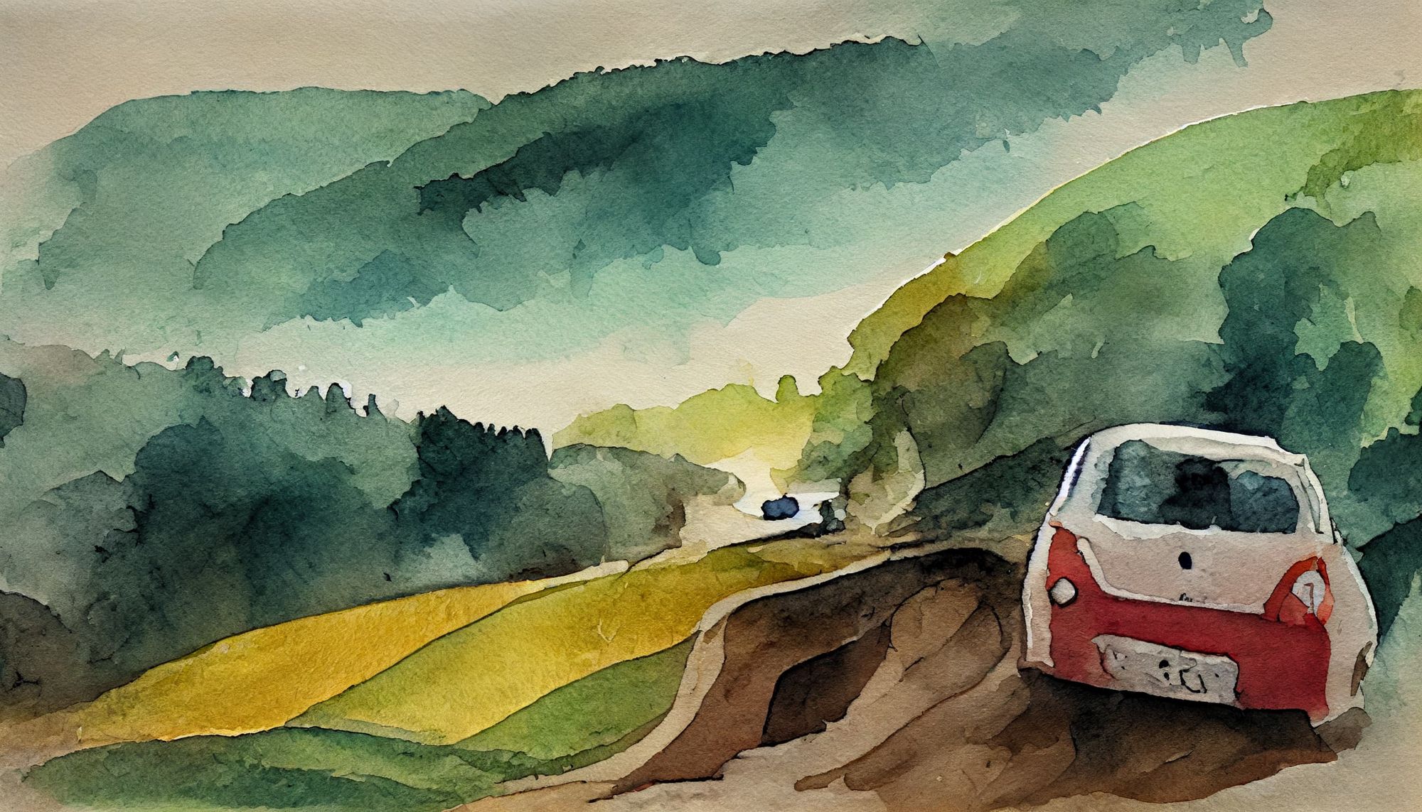 watercolor of a small car driving through a country hillside