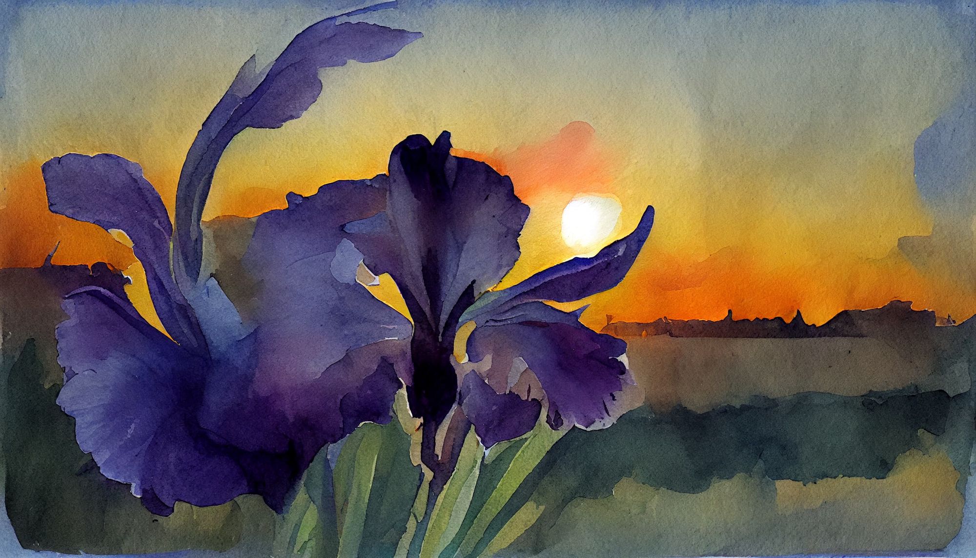 watercolor of an iris with a sunset in the background