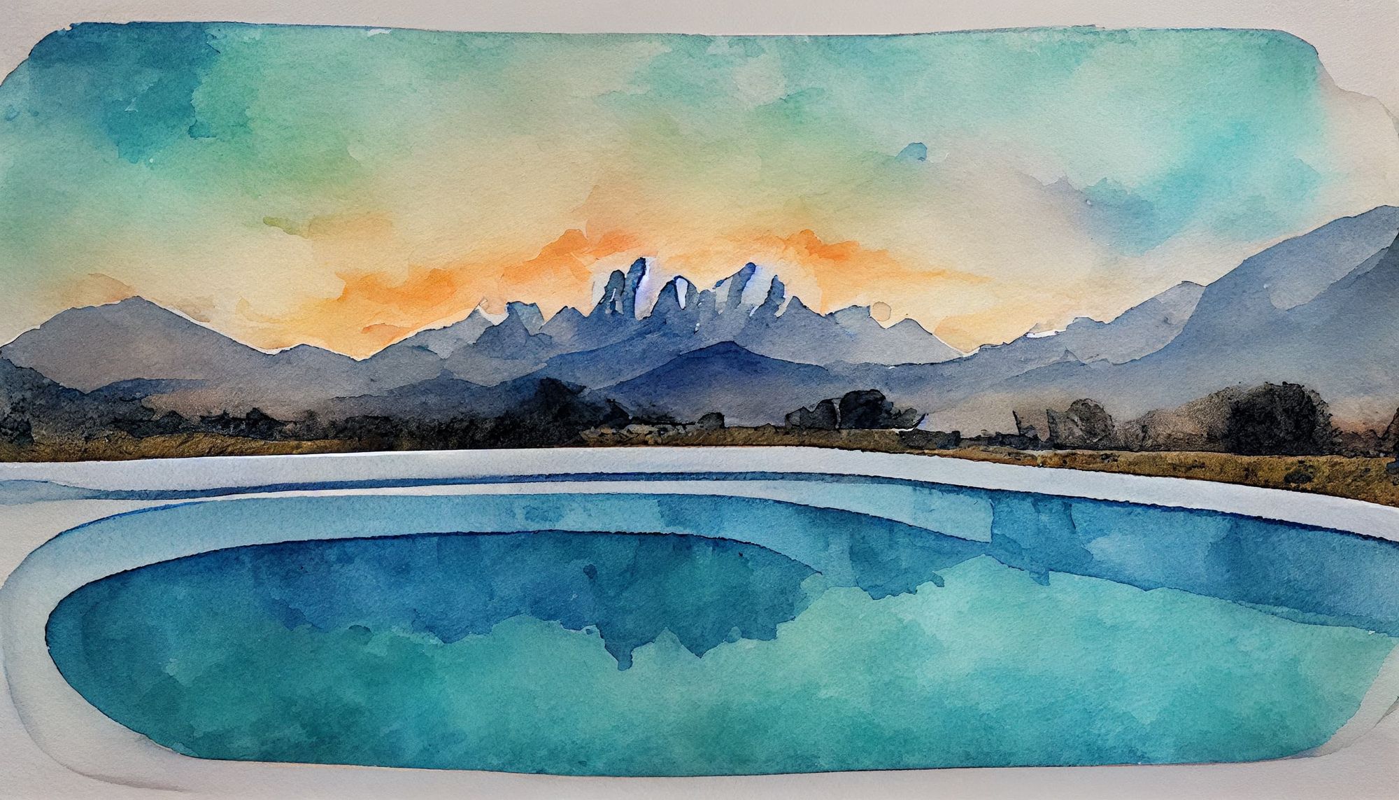 watercolor infinity pool with mountains in the background