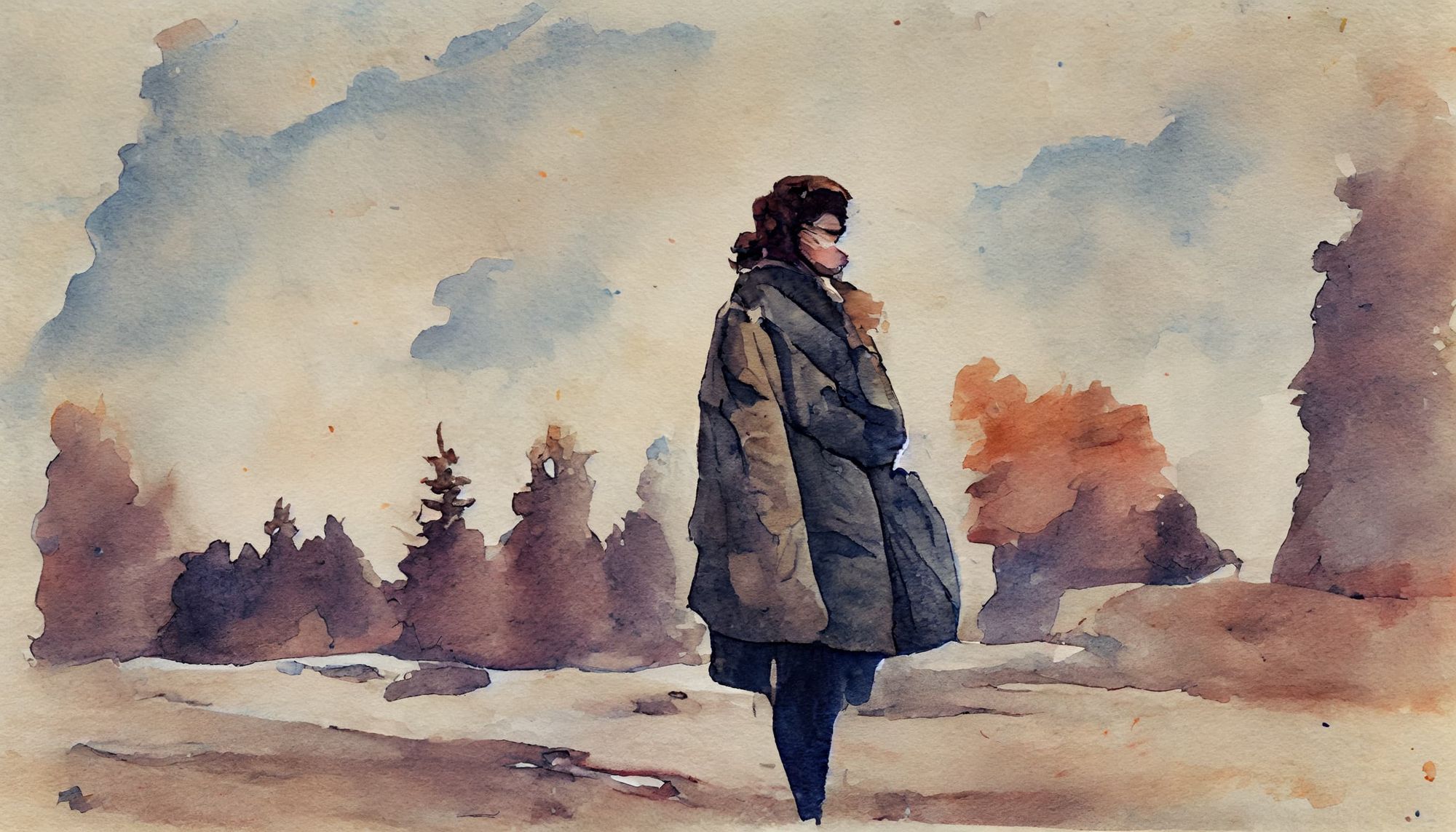 watercolor of a young woman with short brown hair wearing a thick winter jacket staring off into the distance
