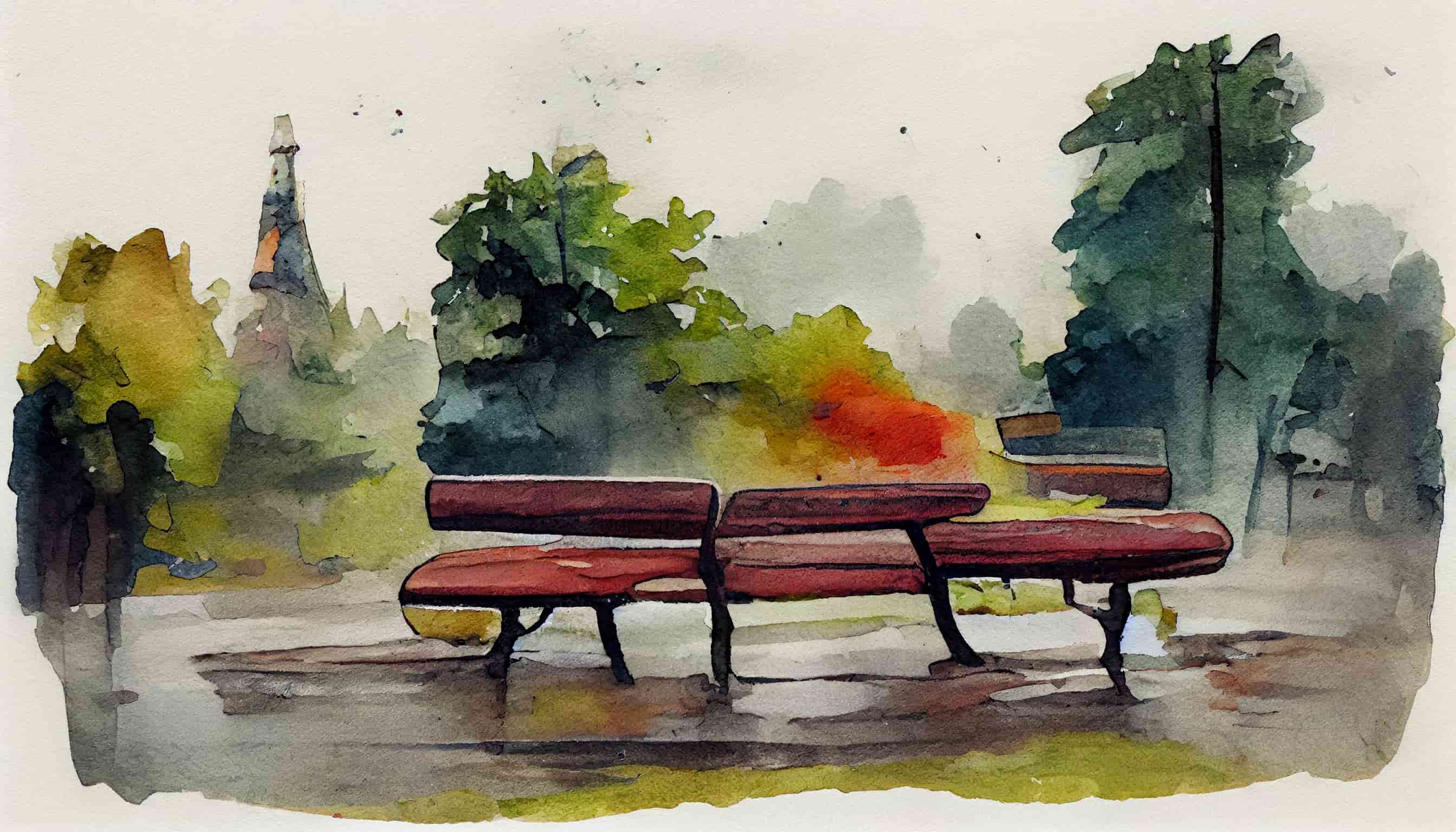 watercolor of a park bench on a rainy day