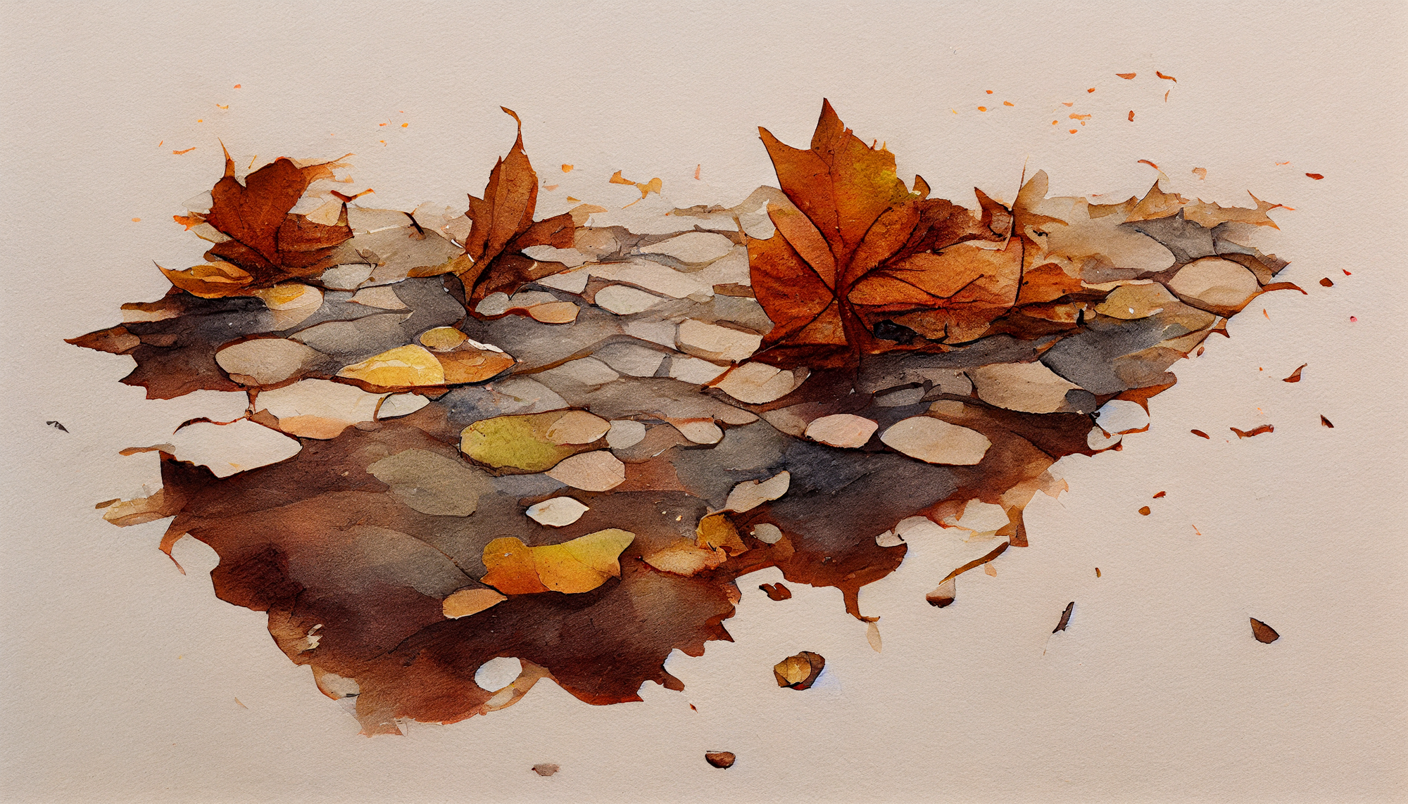 watercolor of sad brown leaves scattered along puddles on a sidewalk