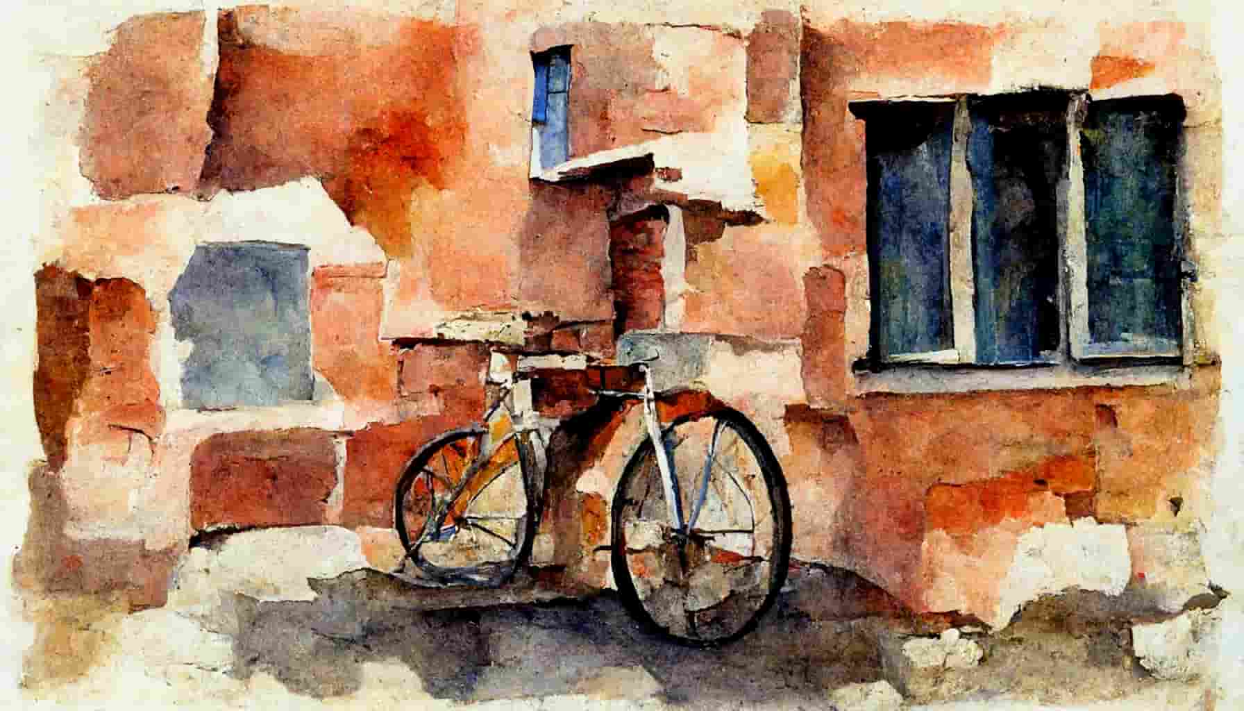 Watercolor a bicycle leaning against a brick building