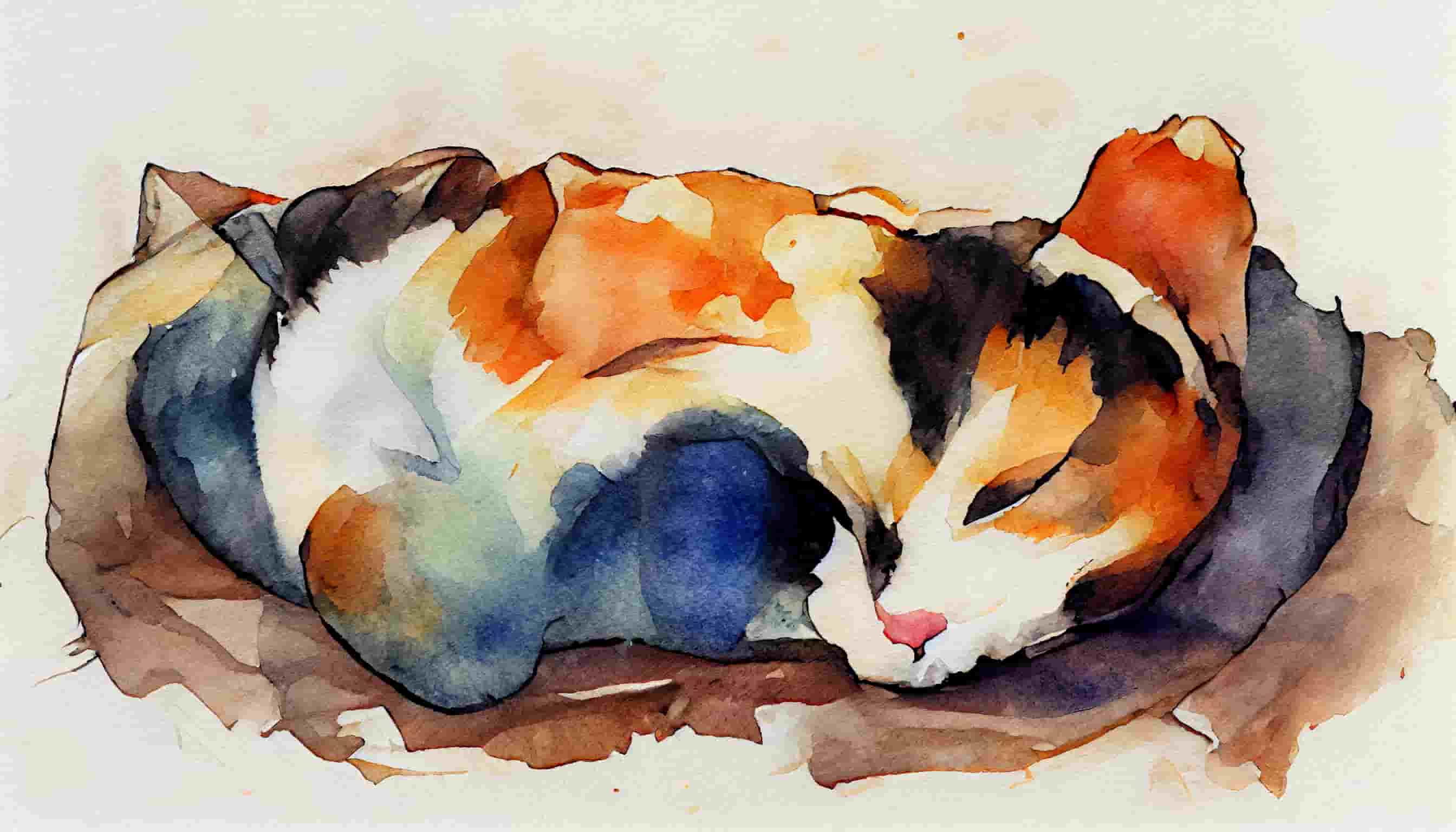 watercolor a calico cat curled up and sleeping on a bed