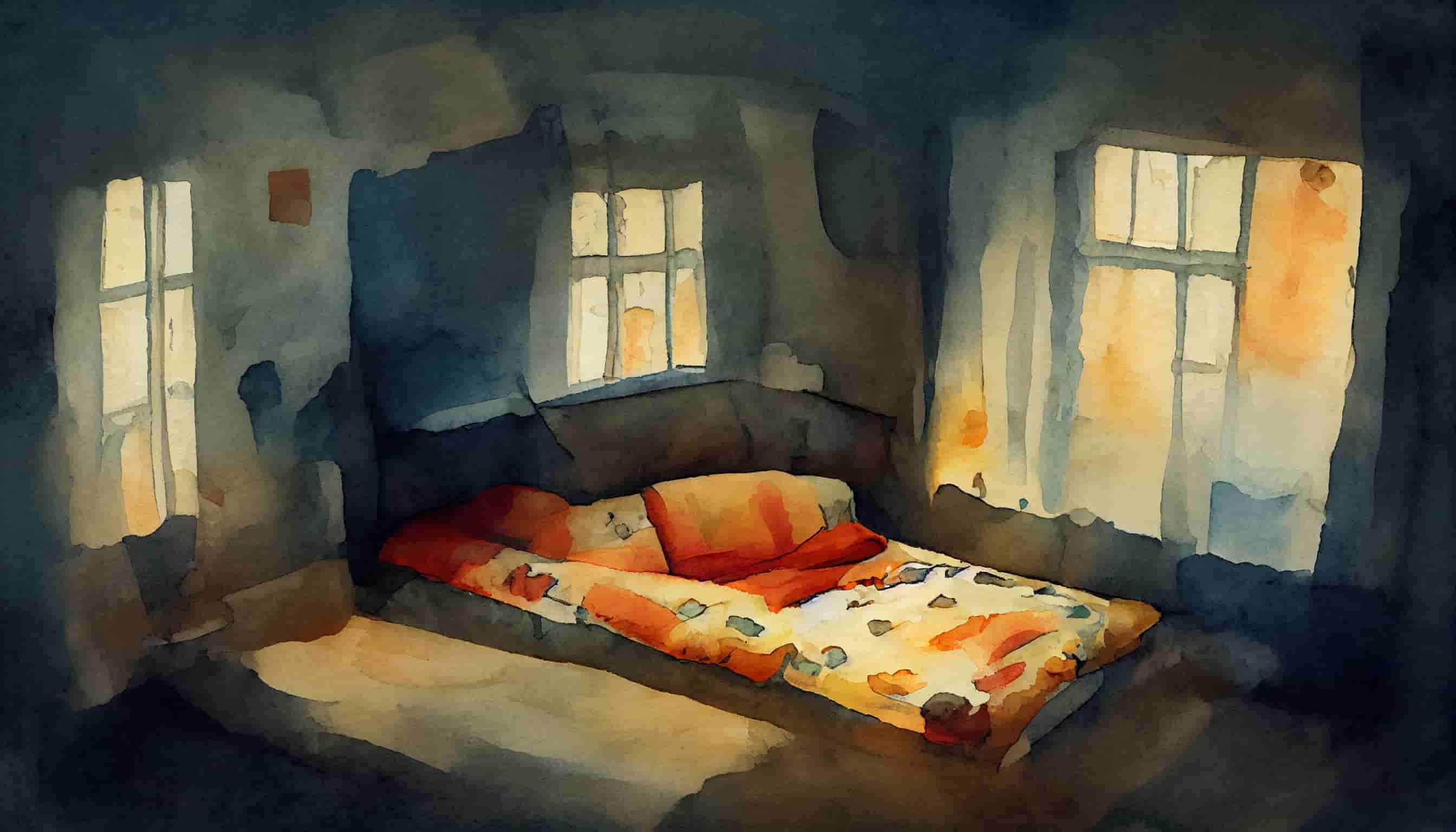 watercolor of a cozy bed in the corner of a room 