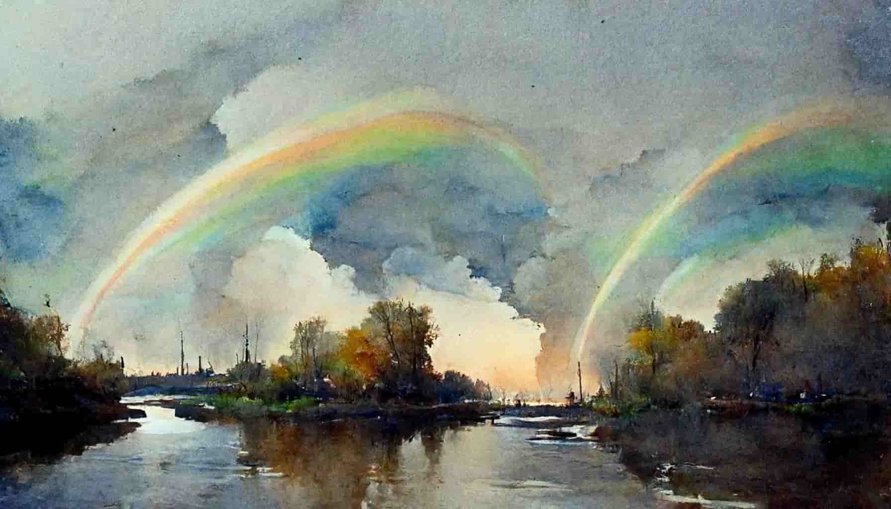 watercolor a double rainbow over a pond