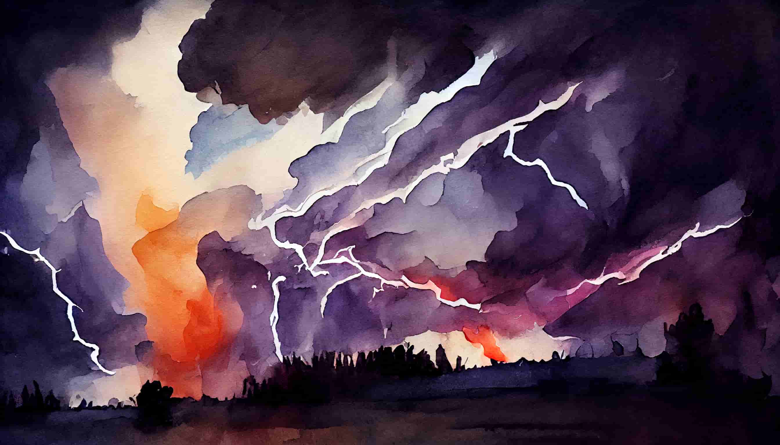 watercolor of a fierce lightning storm