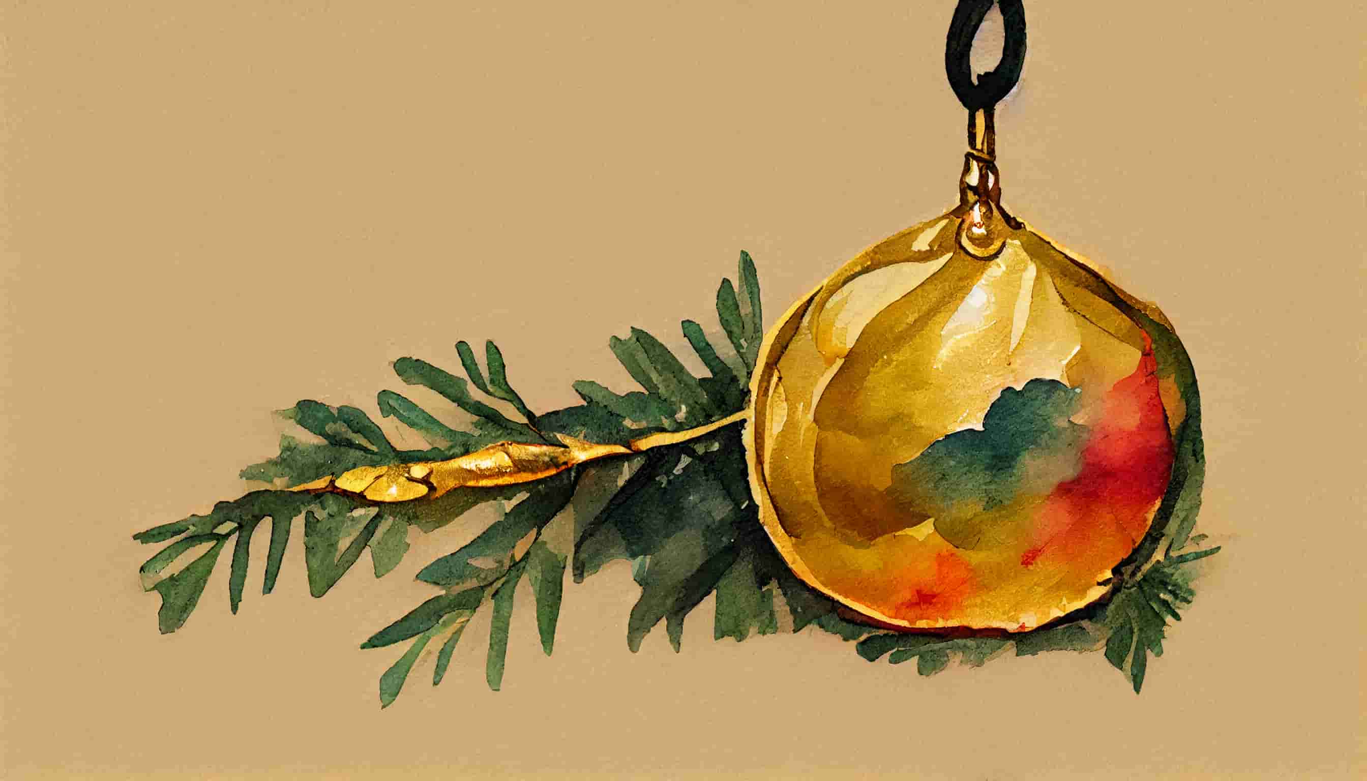 watercolor of a single gold ornament hanging from the branch of a Christmas tree