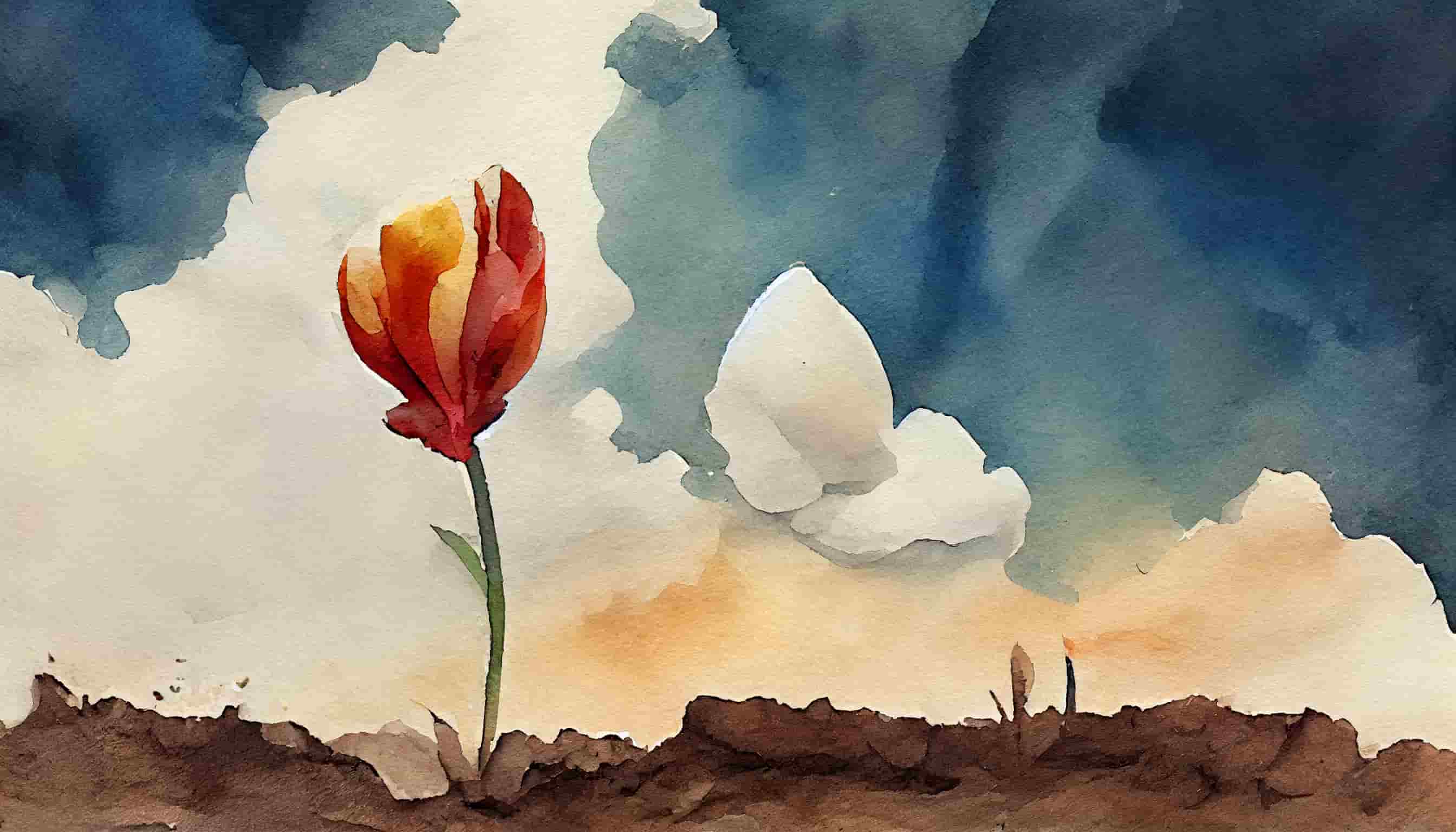 watercolor a single lonely tulip growing from dry dirt with clouds in the background