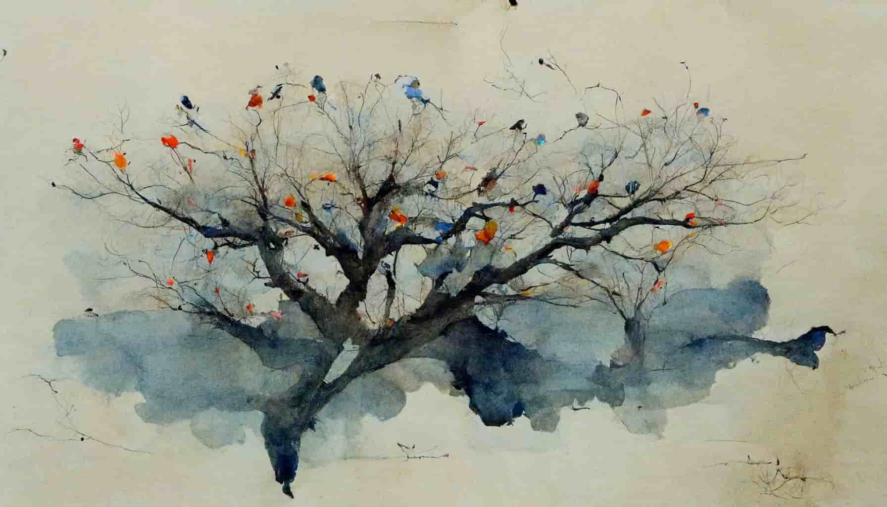 watercolor a barren tree with birds on the branches