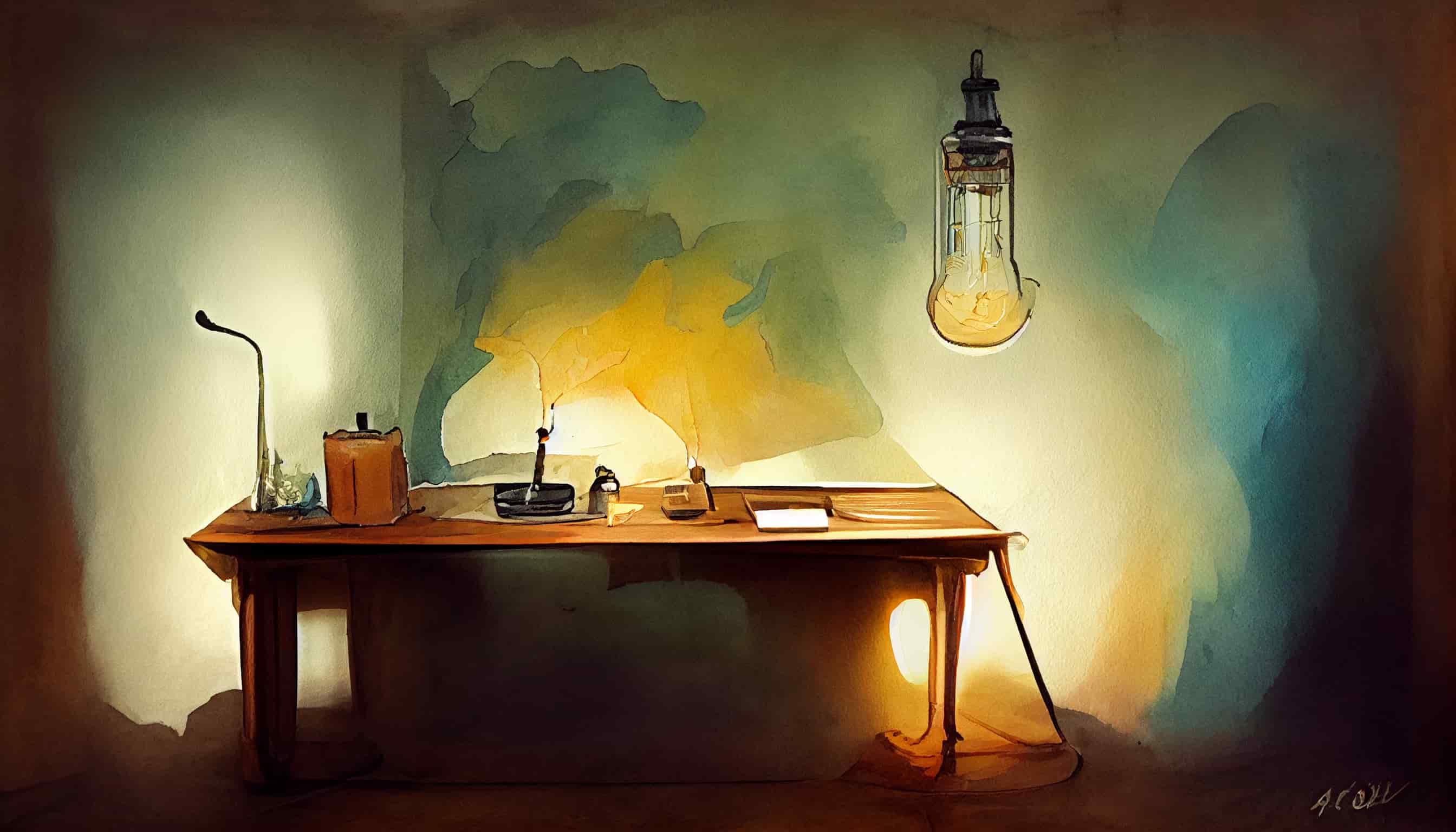 watercolor desk in a dark room with a lamp with an edison light bulb giving light