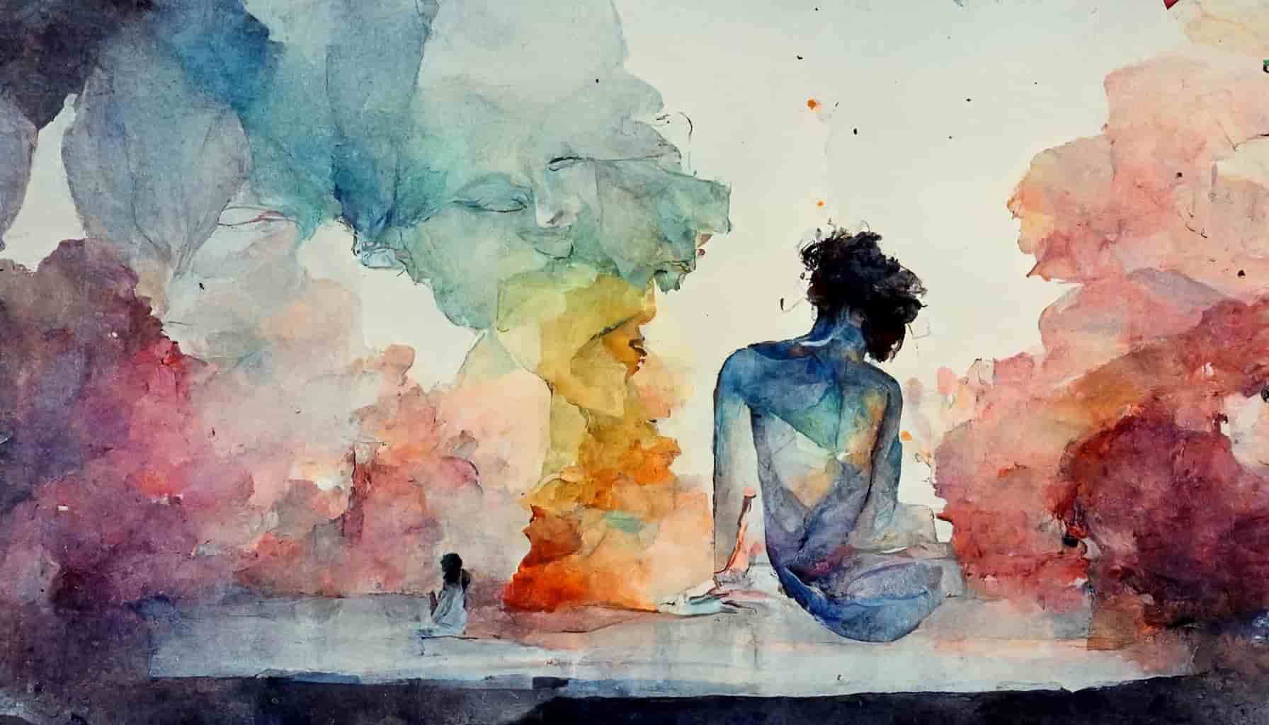 watercolor a woman's back looking away with faces looking on in colorful clouds