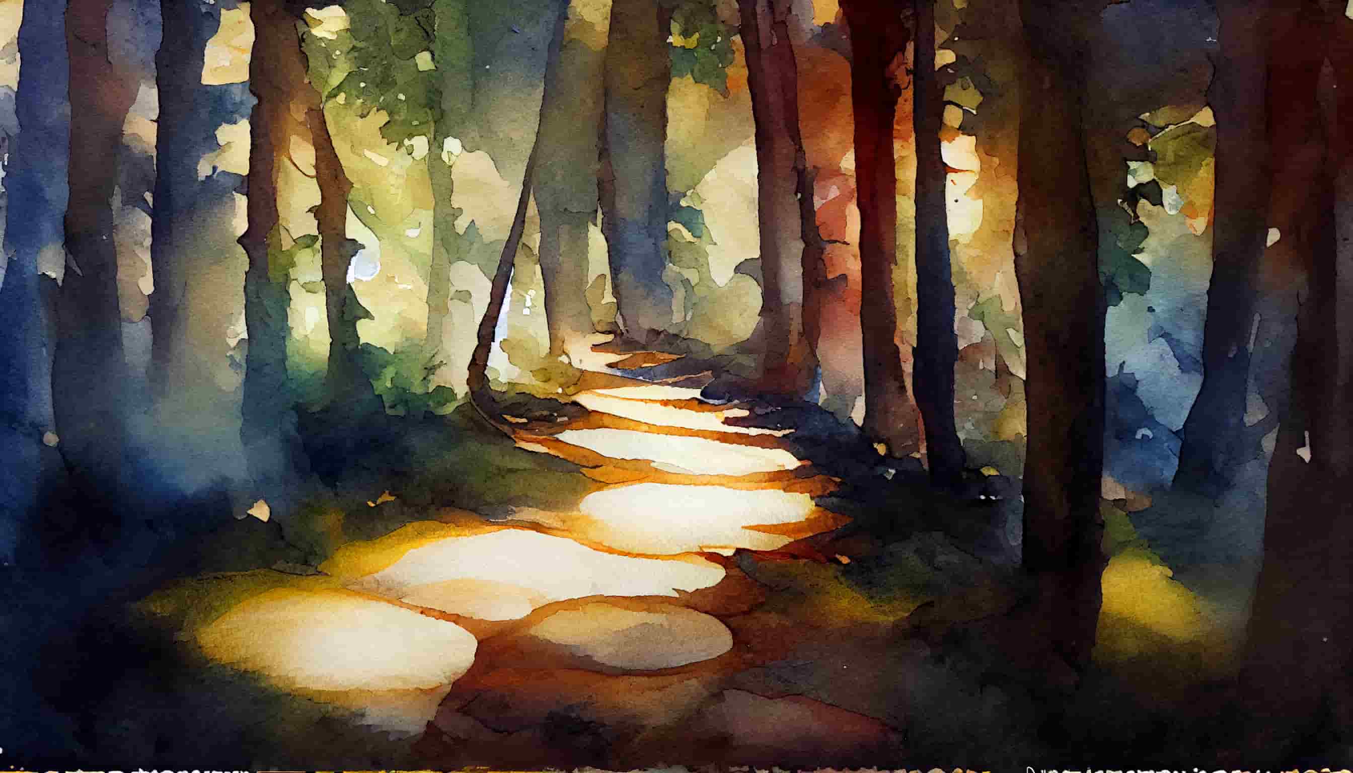 watercolor of a light shining on a forest path with hopeful possibilities