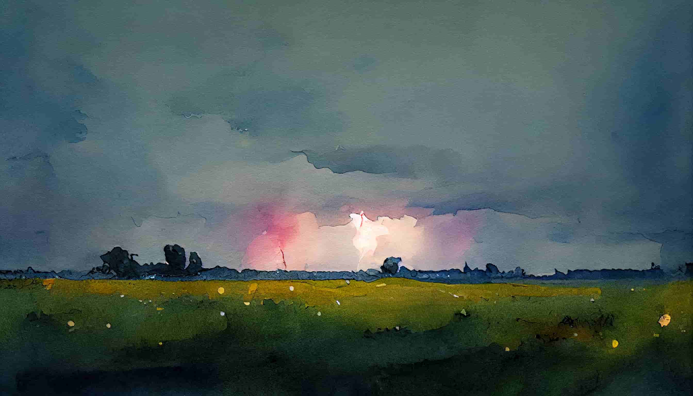 watercolor lightning far off in the distance in a field