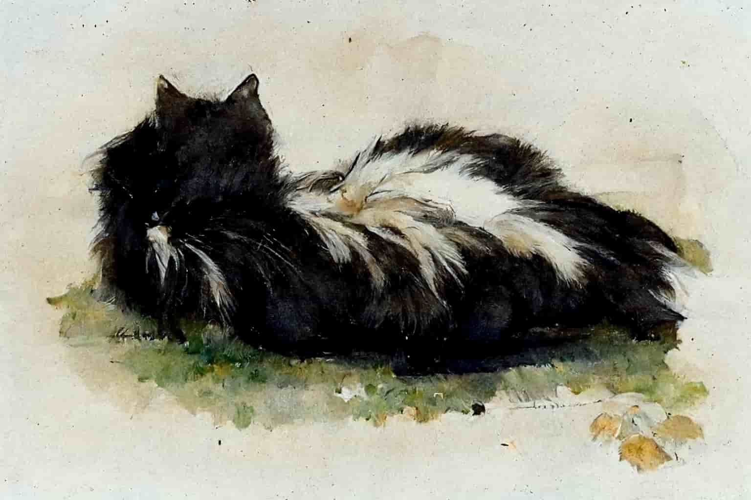a long-haired cat with black and white fur lying on the ground, looking at something off in the distance, watercolor