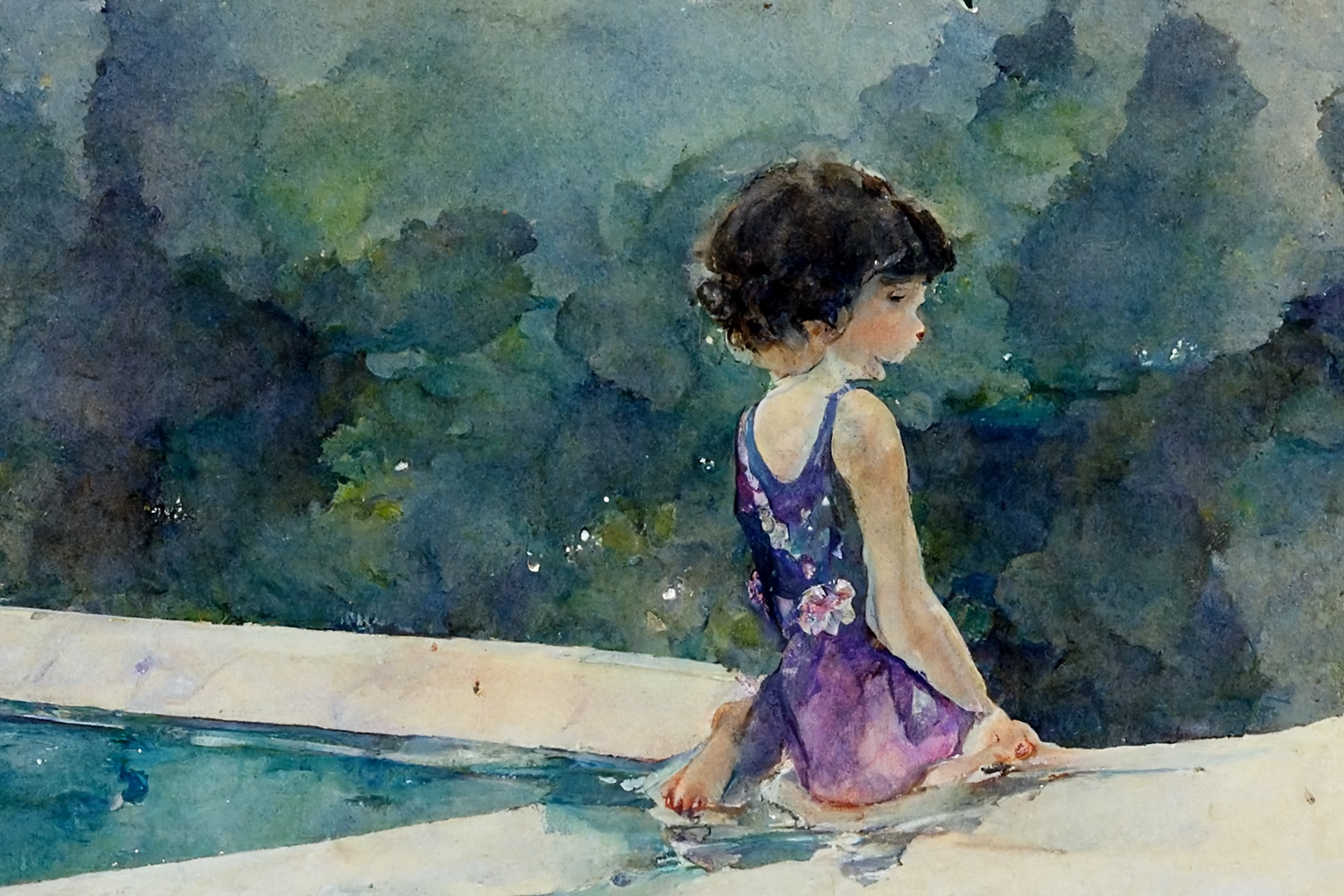A little girl with short dark hair sits on the edge of a pool, watercolor