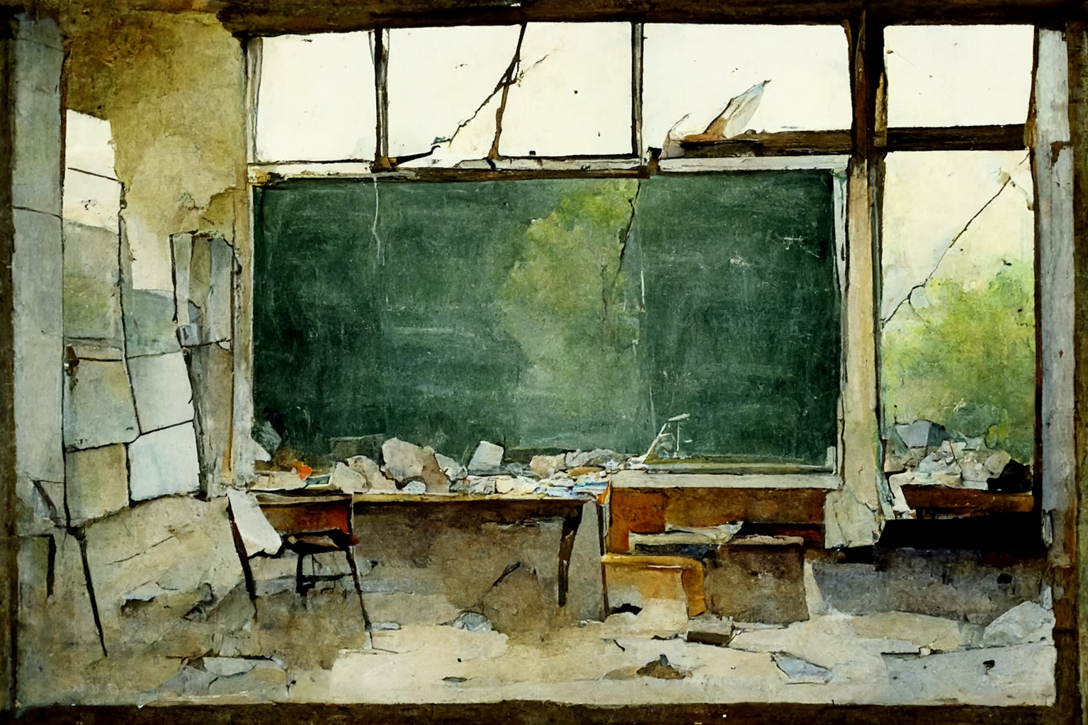 A classroom with desks and a shattered window, watercolor
