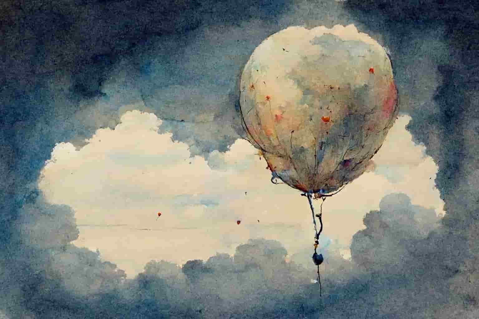 A watercolor painting of a sad balloon, floating in a cloudy sky