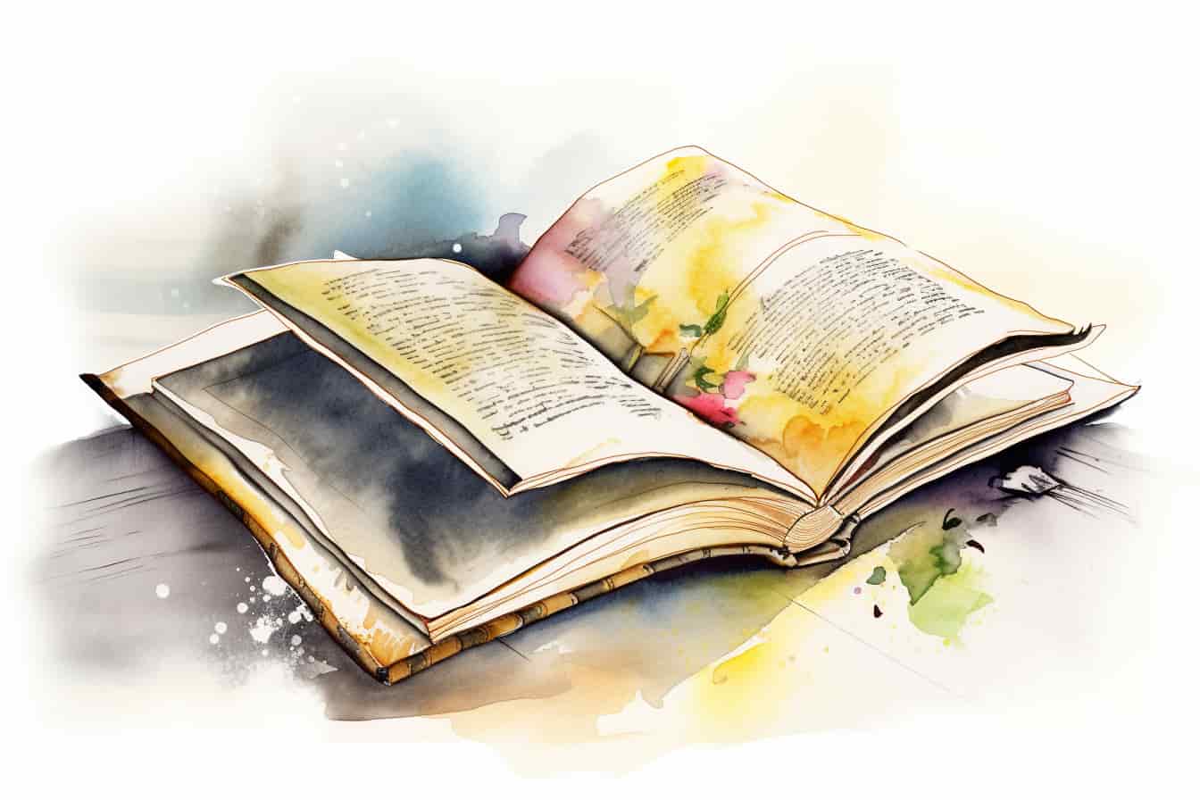A watercolor image of an open book on a table