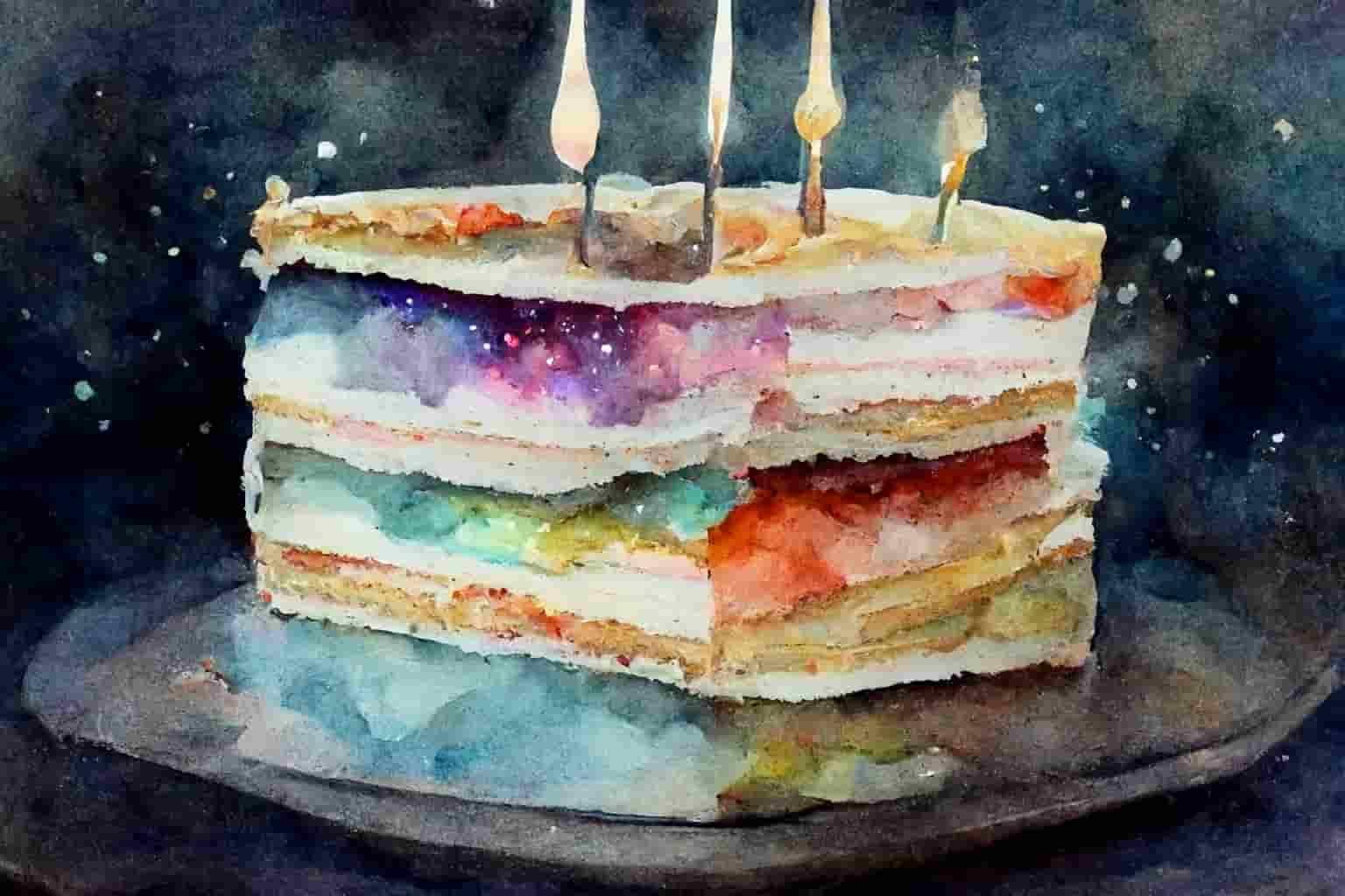 A watercolor painting of a multi-colored birthday cake