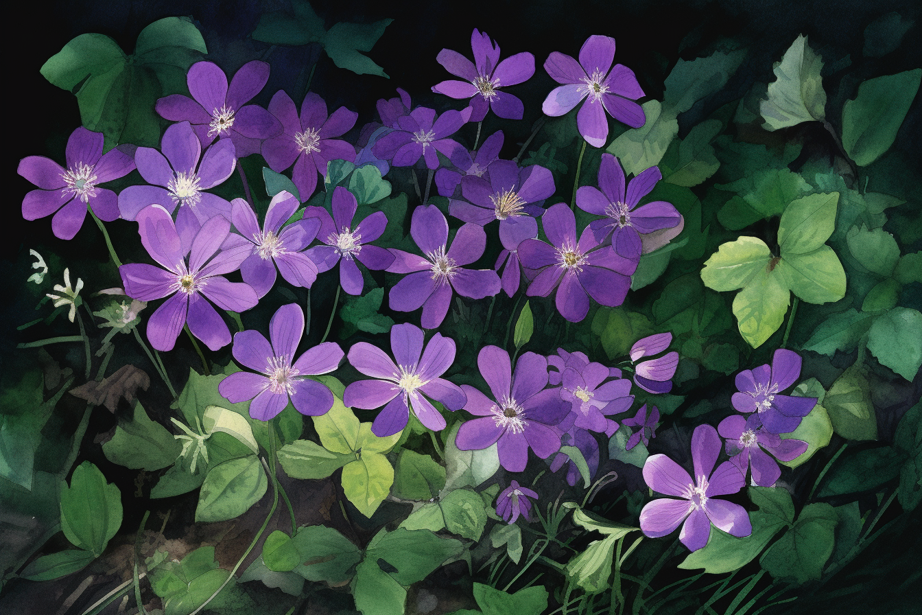 a patch of vibrant purple flowers on the ground surrounded by dark green leaves, watercolor illustration