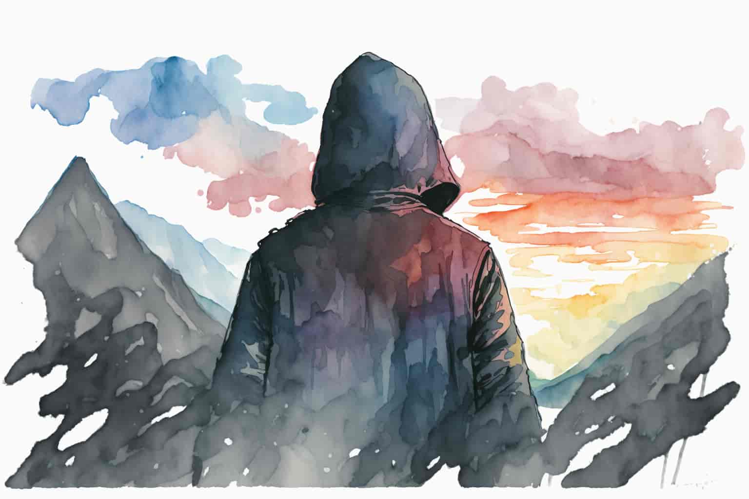 abstract watercolor illustration of a hooded person in fog with mountains in the background