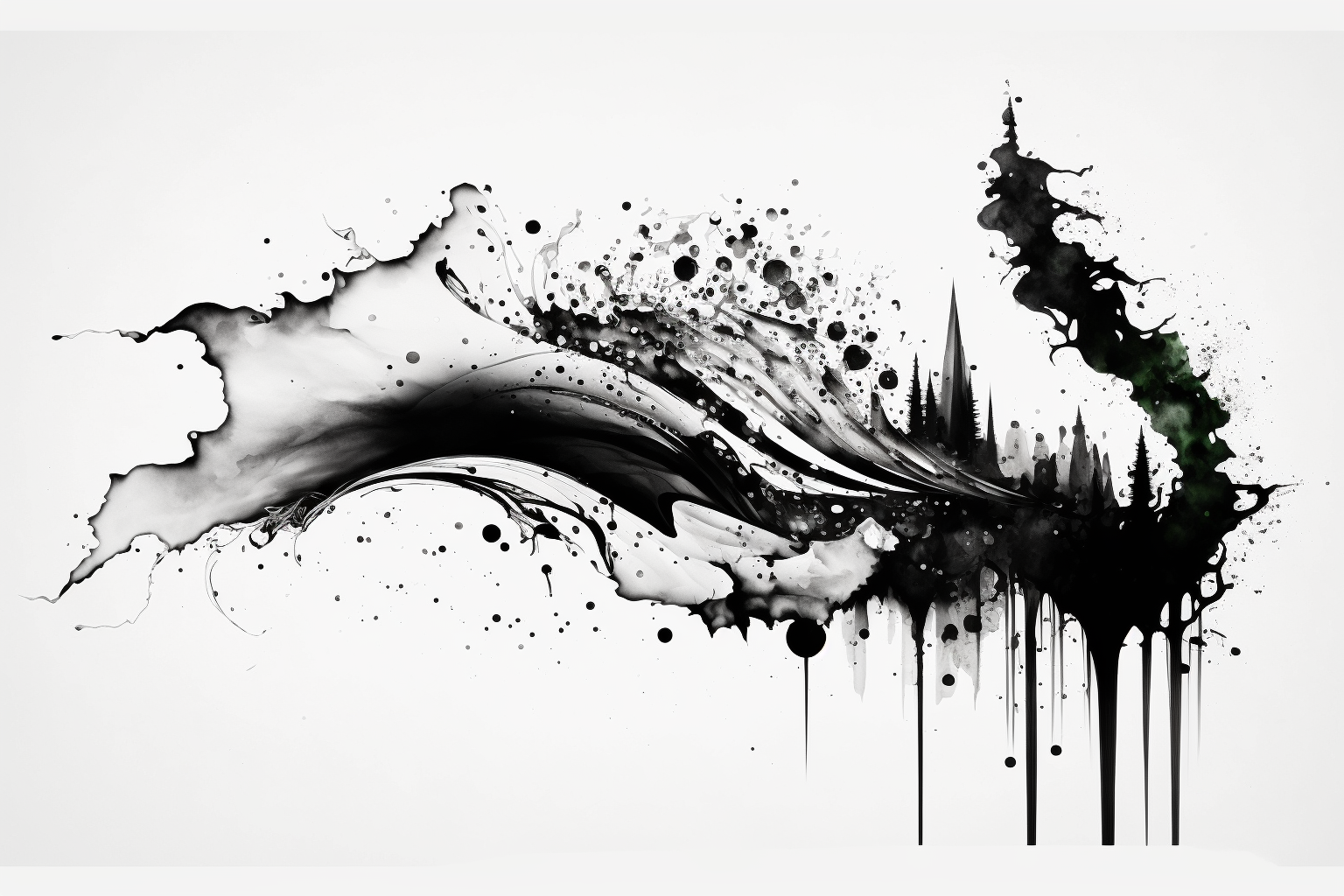 An abstract black and white watercolor of splashes of water with trees in the background