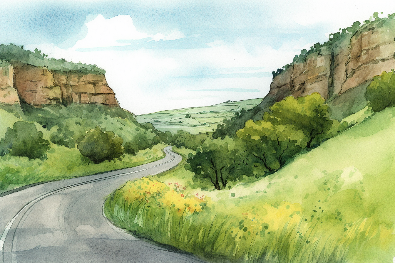 A winding road through the hills of Wisconsin, watercolor illustration 
