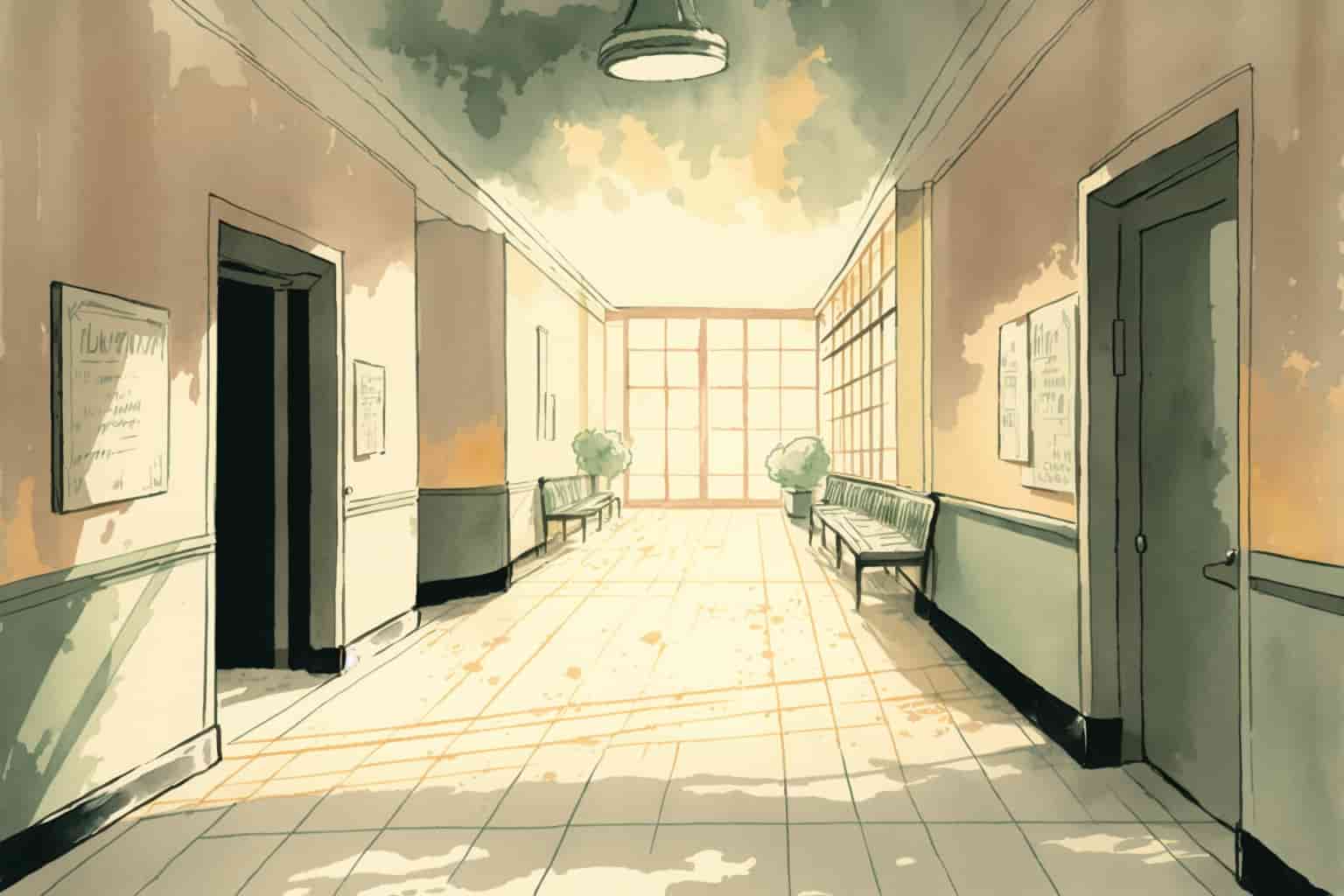watercolor illustration of an empty hallway in a hospital