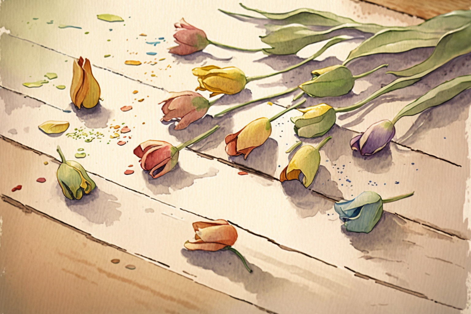 Illustration of tulips scattered on a wooden floor